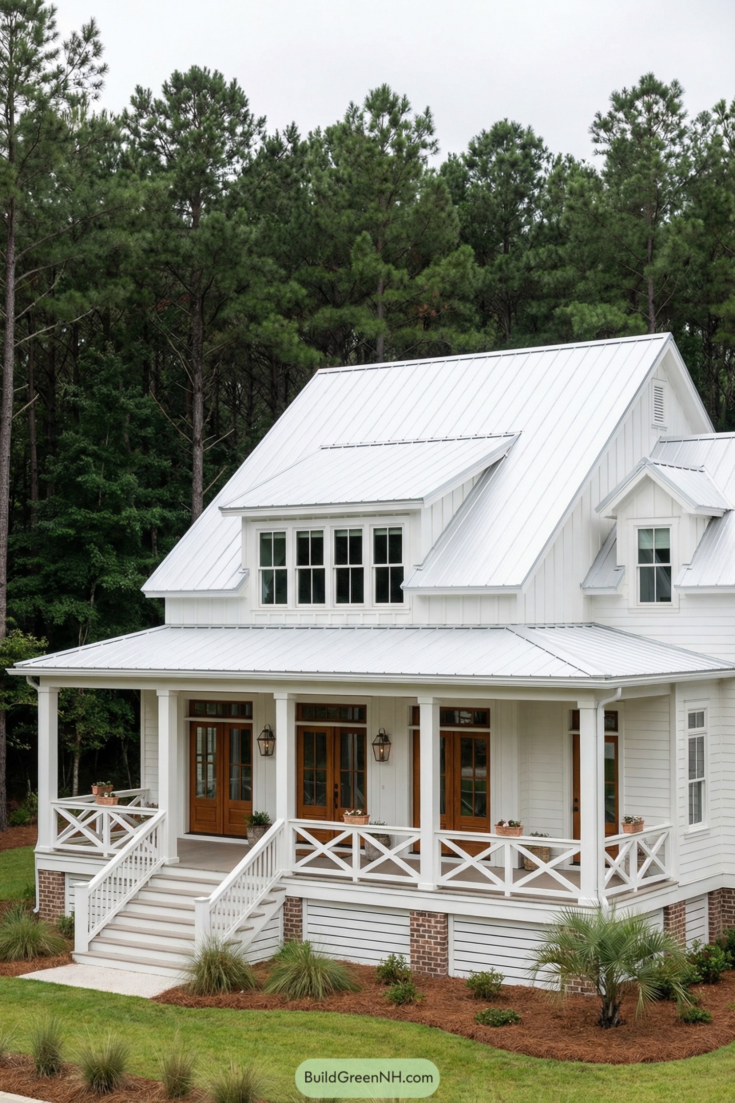 high-res photo of cottage style barndominium, symmetrical front facade with wraparound porch and raised foundation, light warm-white horizontal siding with white trim and white porch columns, rectangular footprint with deep eaves and full-width veranda railings featuring crossed “X” balusters, materials: painted wood cladding, white standing-seam metal roofing, brick foundation piers with white horizontal skirting boards, colors: all-white exterior with natural warm-wood doors and window mullions, roof style: steep front gable main roof with lower-slung encompassing porch roof and a large centered shed dormer containing a grid of rectangular panes, additional small gable dormer with single vertical window on side, windows: tall double-hung multi-pane cottage windows with transoms above on the main level and simple white-framed casements and sash windows on upper level, doors: multiple full-lite French doors with warm stained wood frames and narrow transom windows, outdoor area: broad central staircase with white stringers and railings leading to the porch, lantern-style wall sconces flanking the main doors, scattered small decorative items along the porch railing, landscaping: manicured green lawn in front, low ornamental grasses and shrubs at the base of the porch, pine-straw mulch beds, a small palm and other compact plantings near the steps, surrounding background: dense tall pine and mixed woodland forming a dark green backdrop, soft overcast or early-evening lighting enhancing contrast between bright house and shaded forest, real-life photo, high-resolution, architectural photography, soft lighting, cinematic composition.
