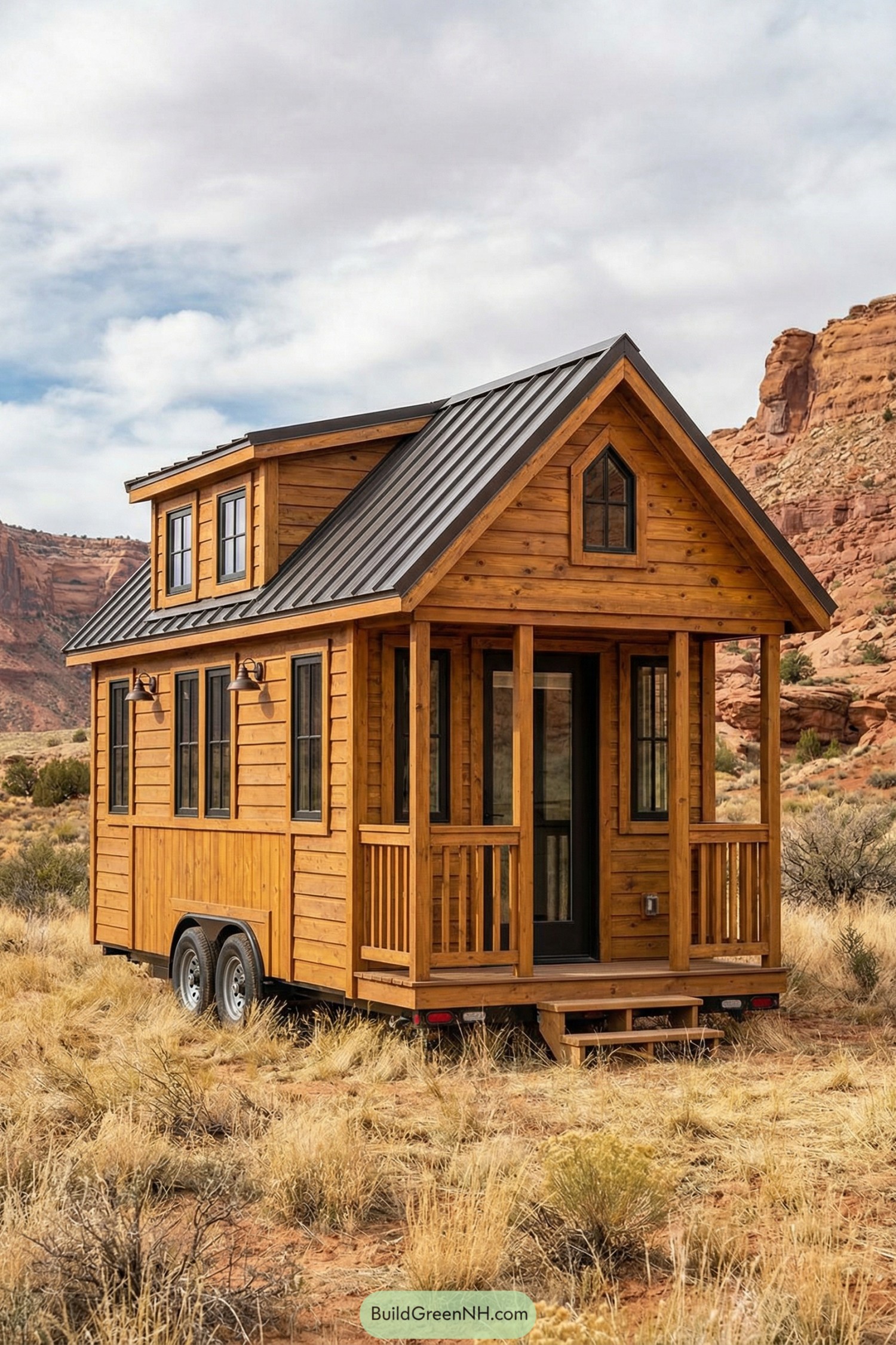 Wood tiny house on wheels in a dry rocky landscape