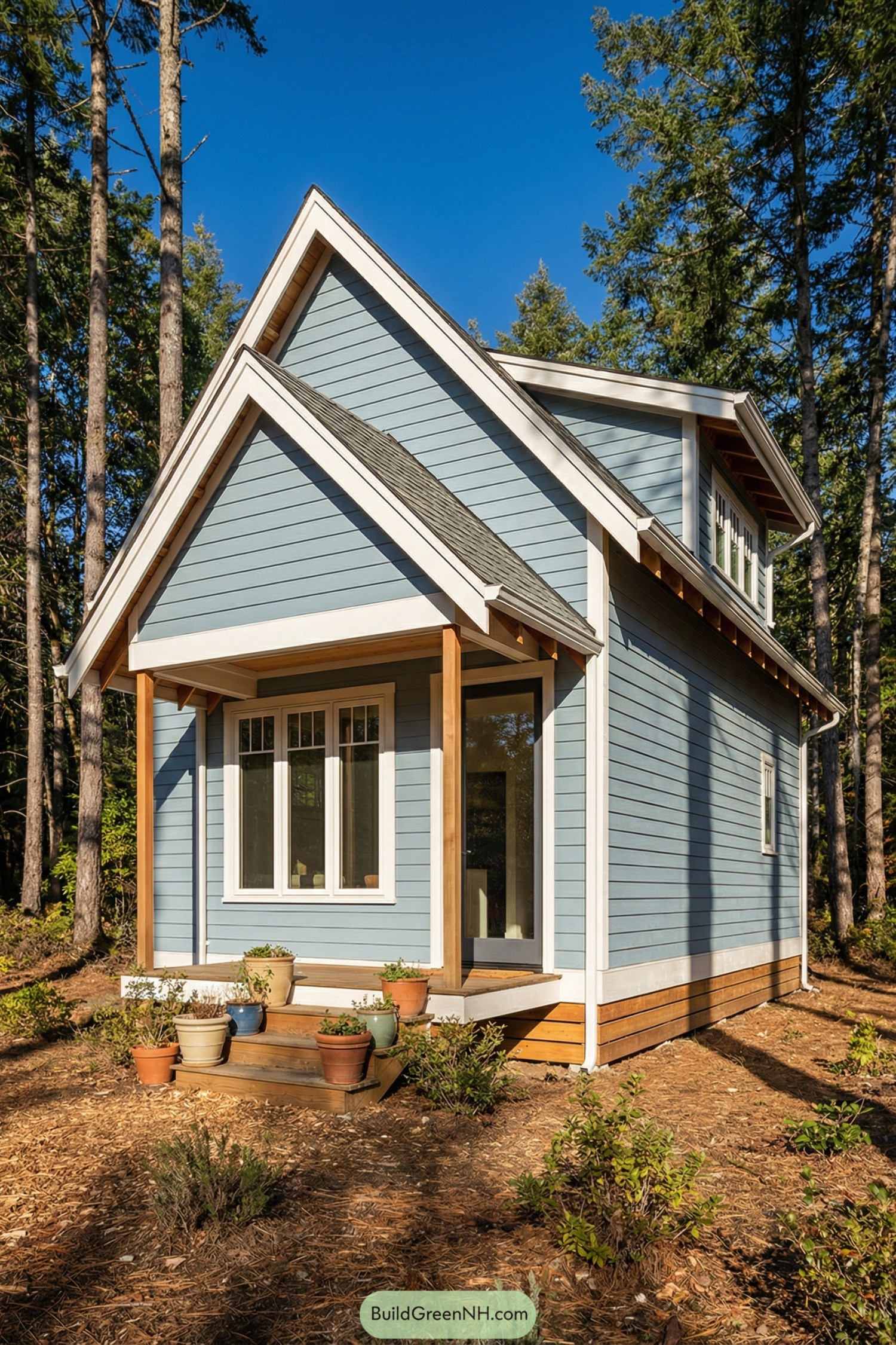 Small blue cottage with sharp twin gables and front porch steps lined with potted plants