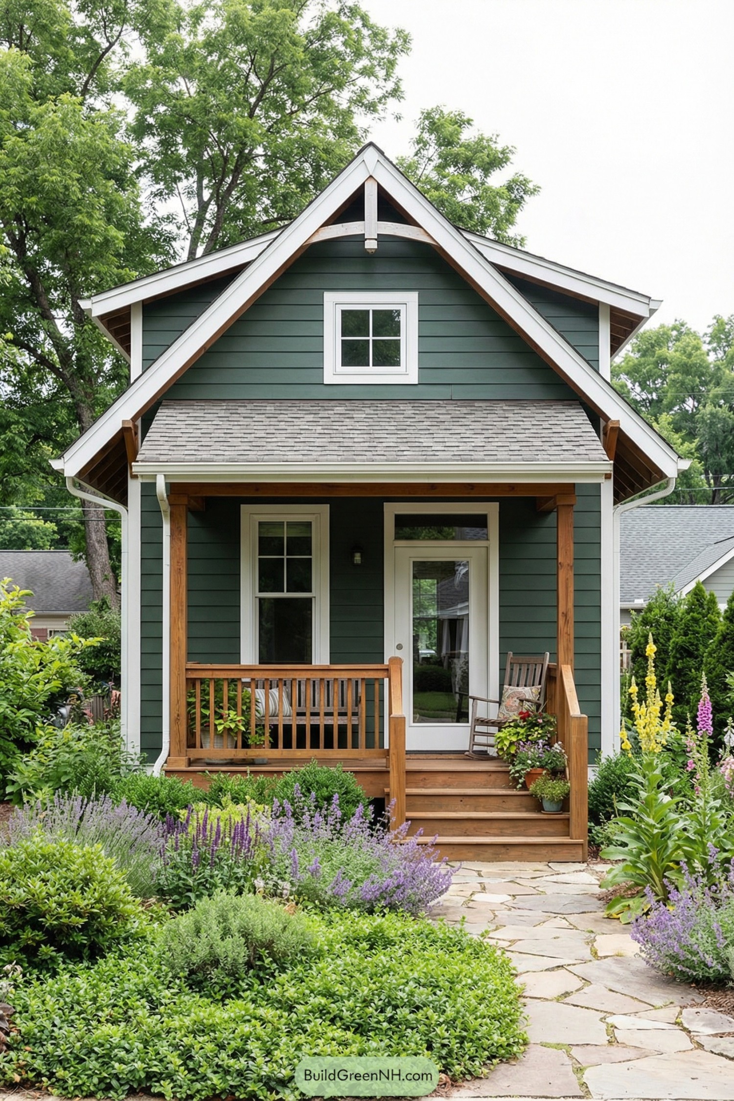 Small green tiny house with wood front porch framed by a flowering stone path garden