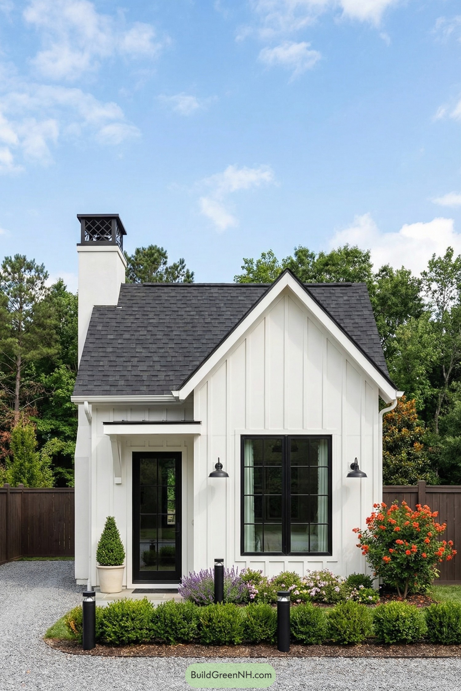 White board-and-batten tiny cottage with black windows, steep gable roof, and lush front garden
