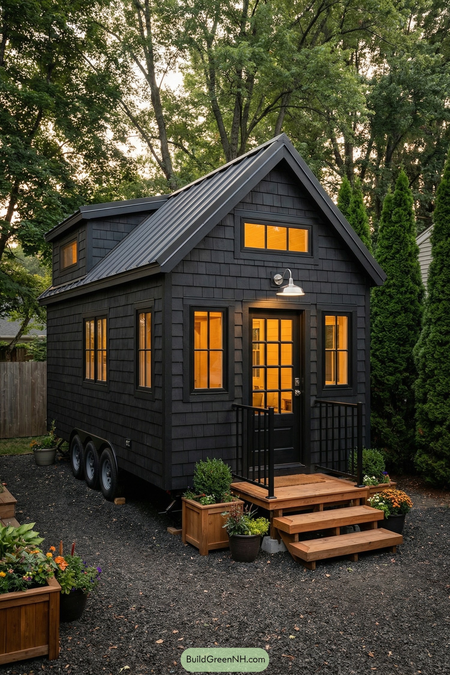 Dark shingle tiny house on wheels with warm glowing windows and a small wood porch surrounded by planters