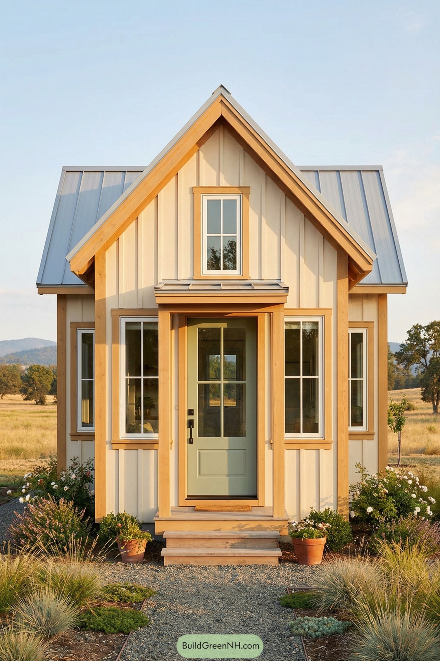 Small cream board and batten tiny house with green door and metal roof in a field