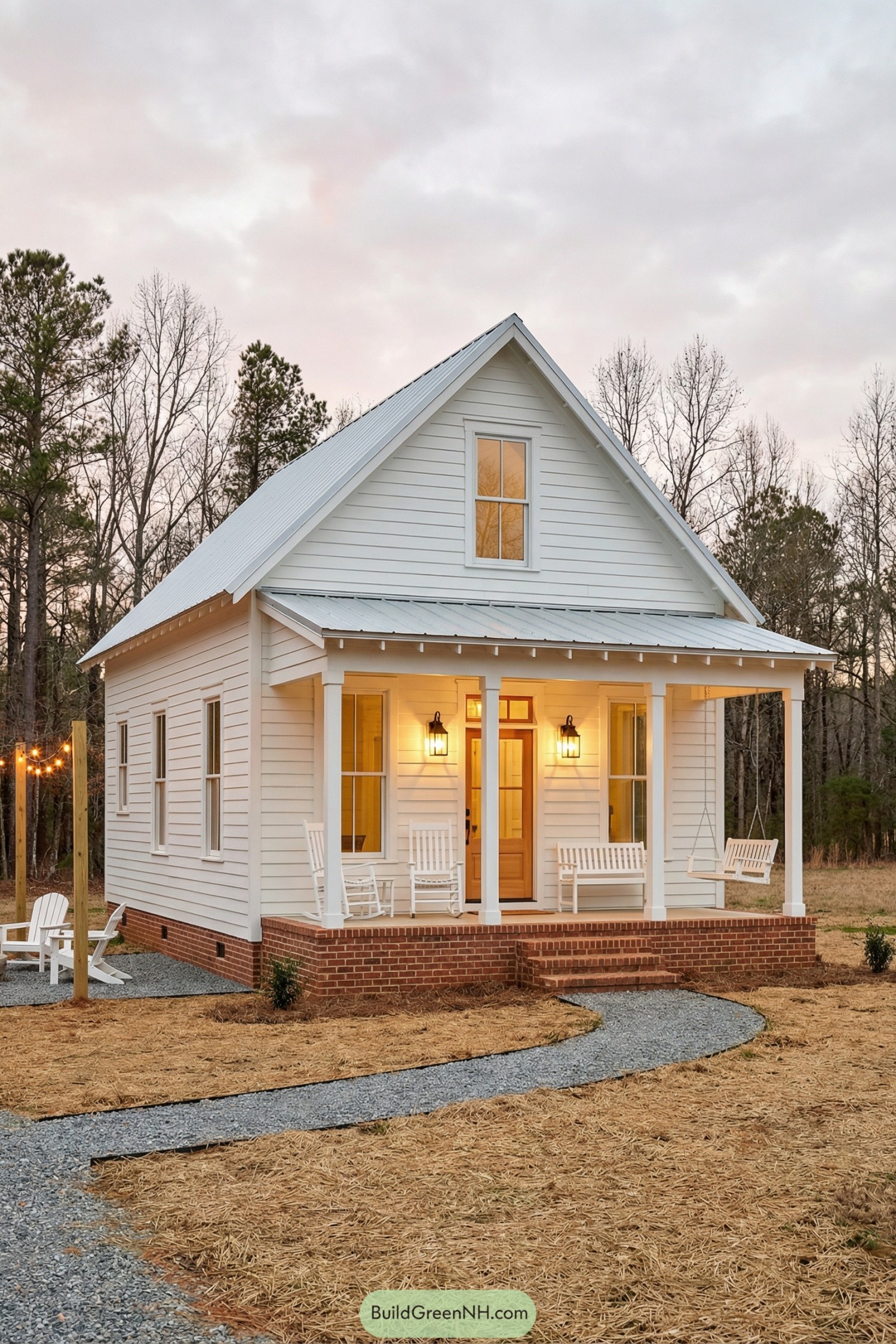 Small white cottage with metal roof, brick porch base, and cozy rocking chairs out front