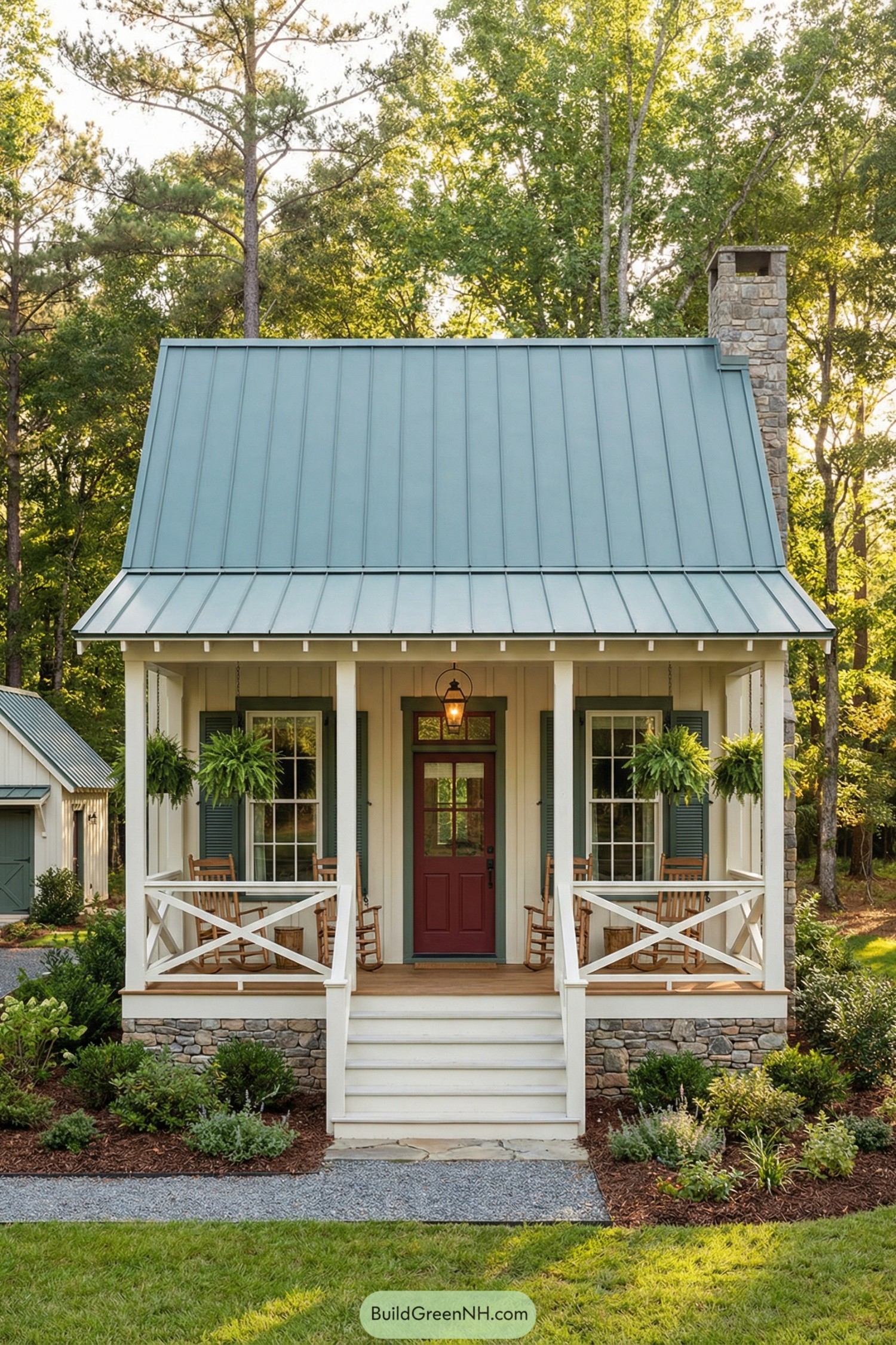 Small cream cottage with teal metal roof, red front door, and cozy front porch framed by trees