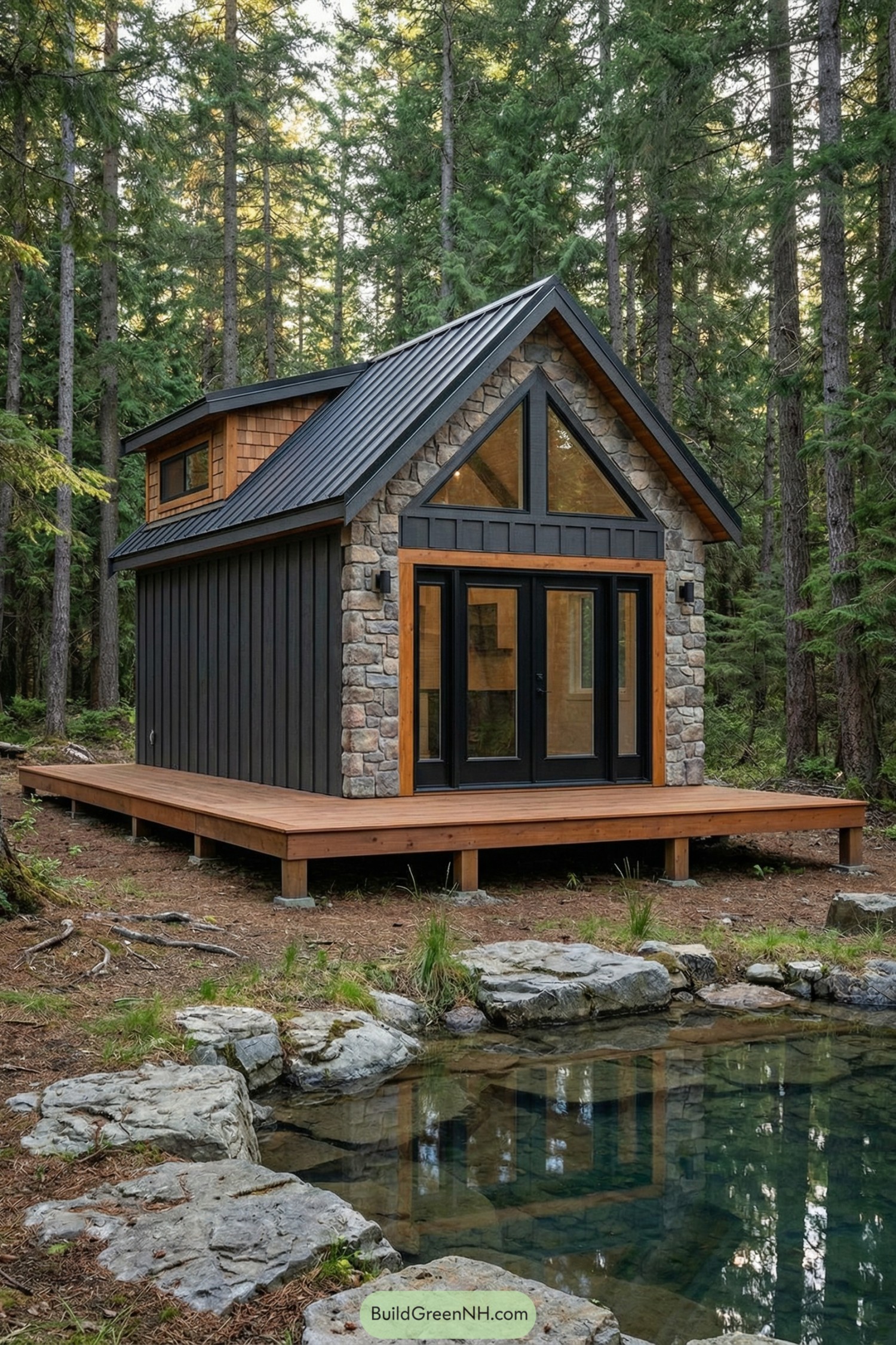 Tiny stone and wood cottage by forest pond