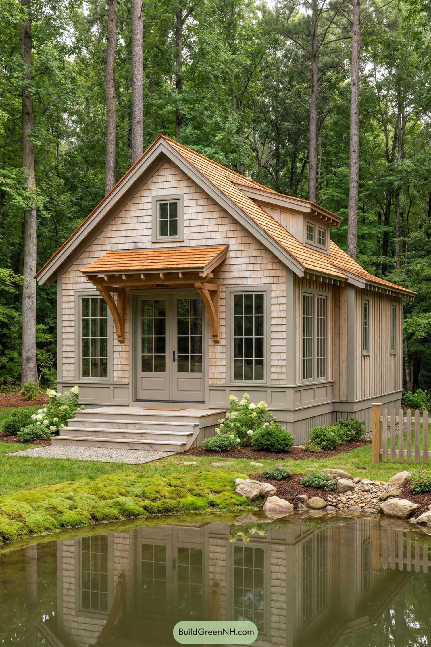 Small shingled cottage with gable roof beside a pond in a wooded setting