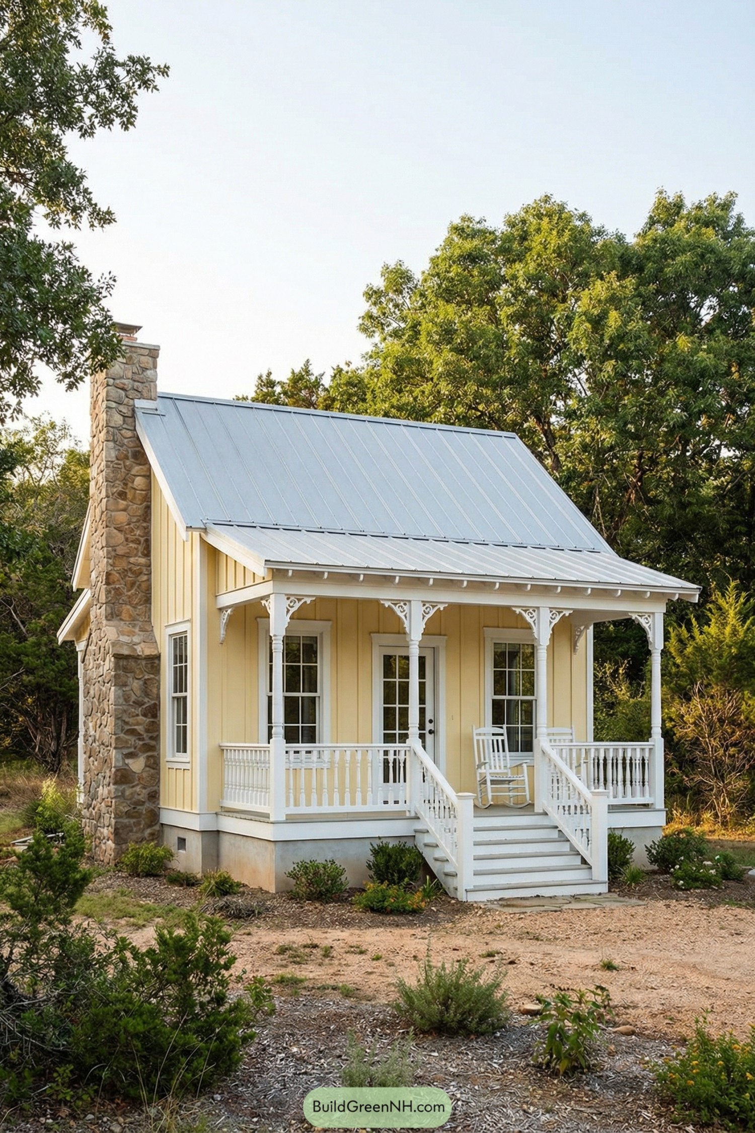 Yellow clapboard tiny cottage with white trim, metal roof, front porch, and stone chimney set among trees
