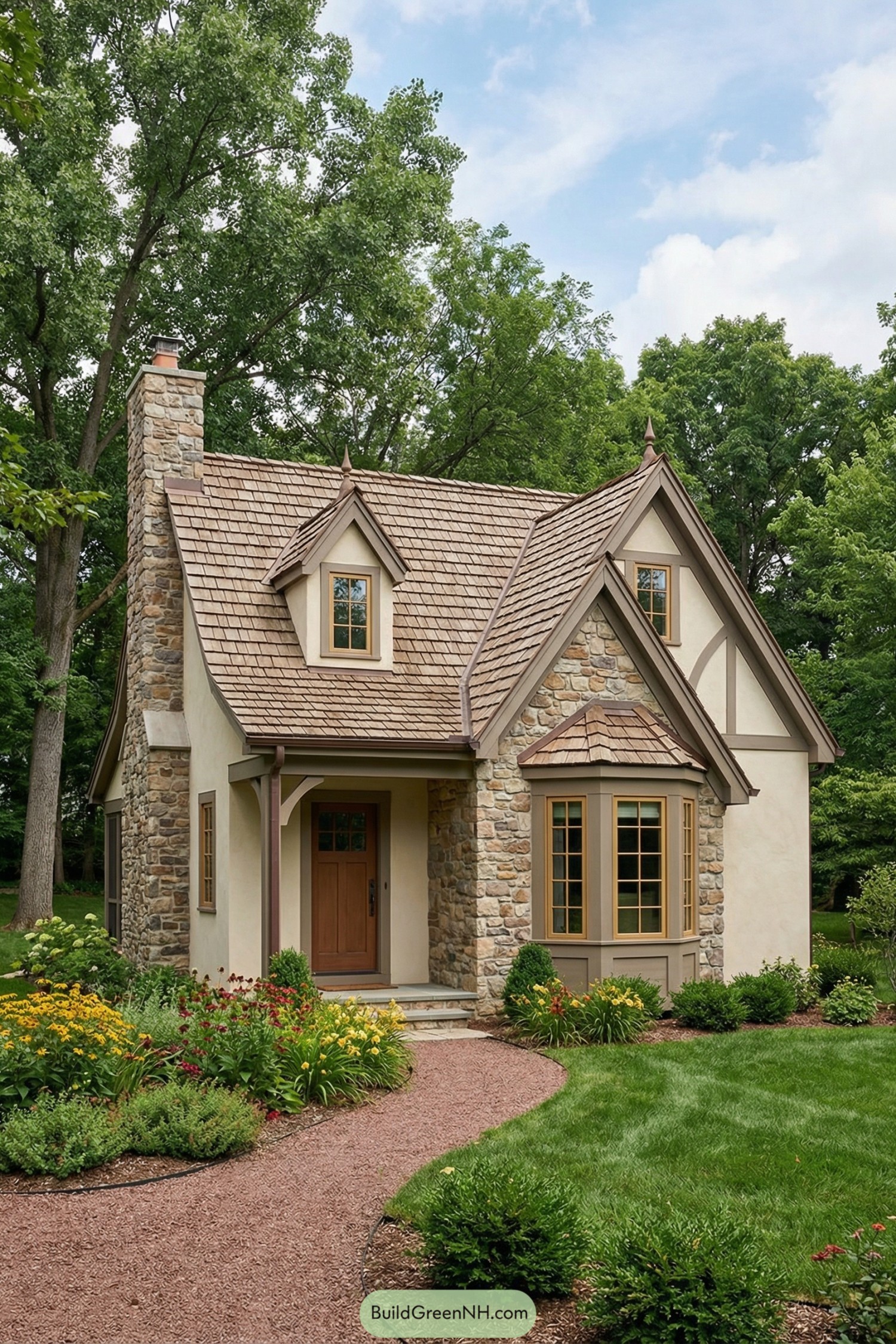 Small stone-and-stucco cottage with steep gables, bay window, and lush front garden