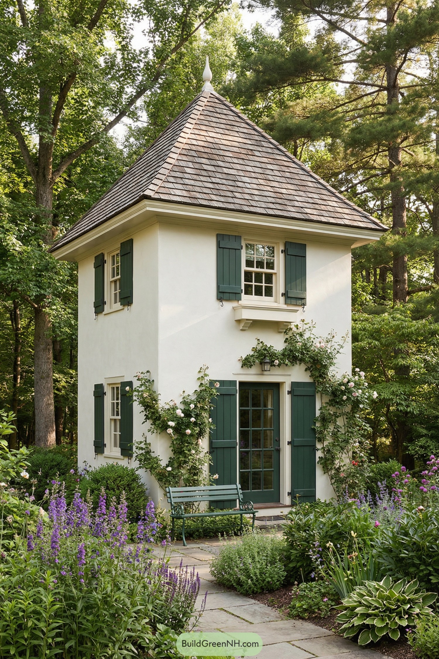 Tall white cottage with green shutters and lush garden