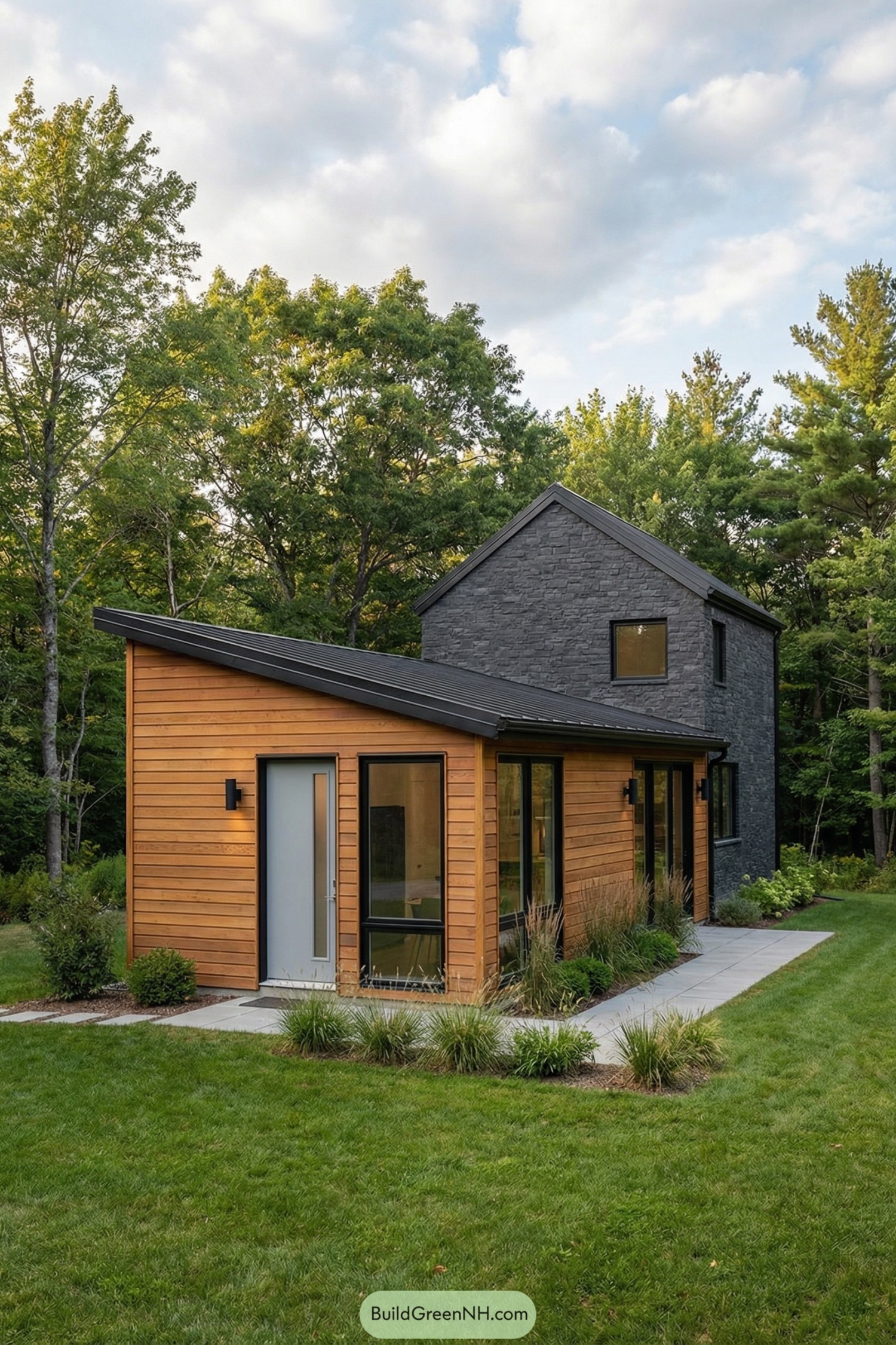 Modern tiny cottage with warm wood siding and dark stone tower set in a green forested yard