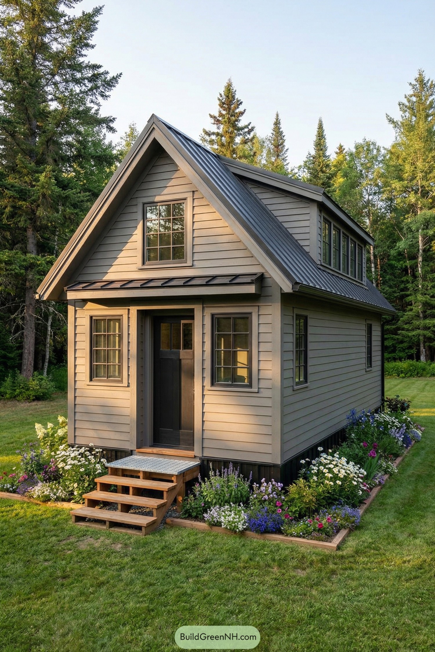 Compact gray cottage with steep metal roof and wraparound flower beds in a grassy clearing