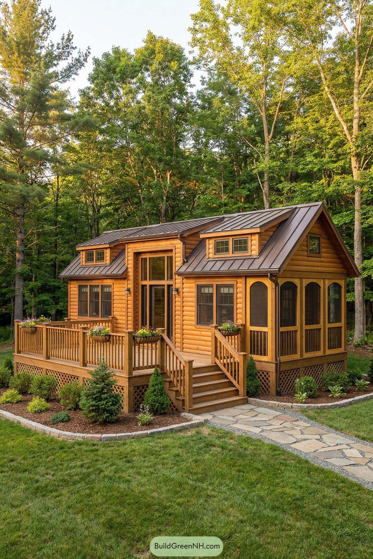 Warm log tiny house with wraparound deck and screened porch in a wooded yard