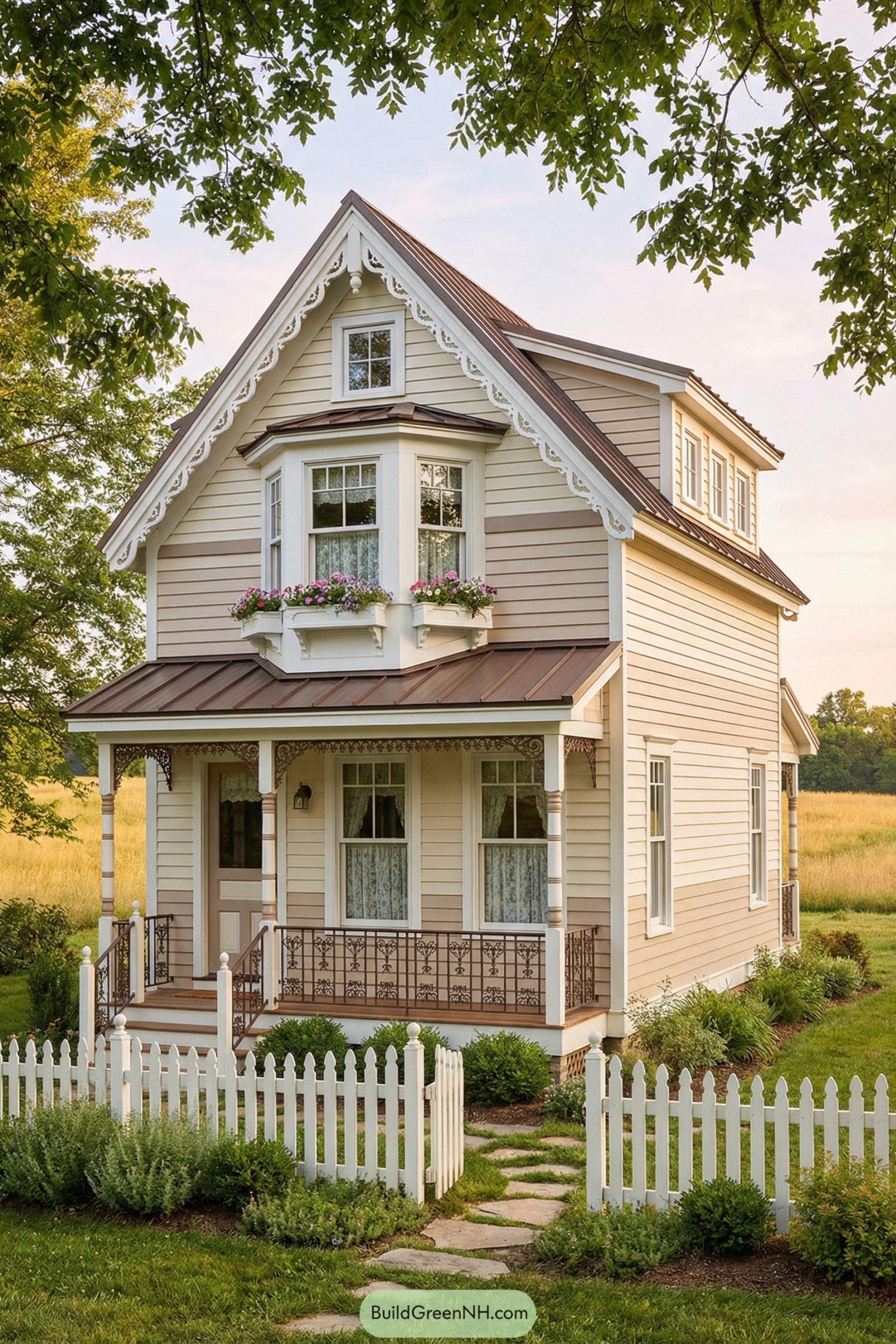 Cream-sided tiny cottage with ornate gables, bay window, front porch, and white picket fence in a grassy field