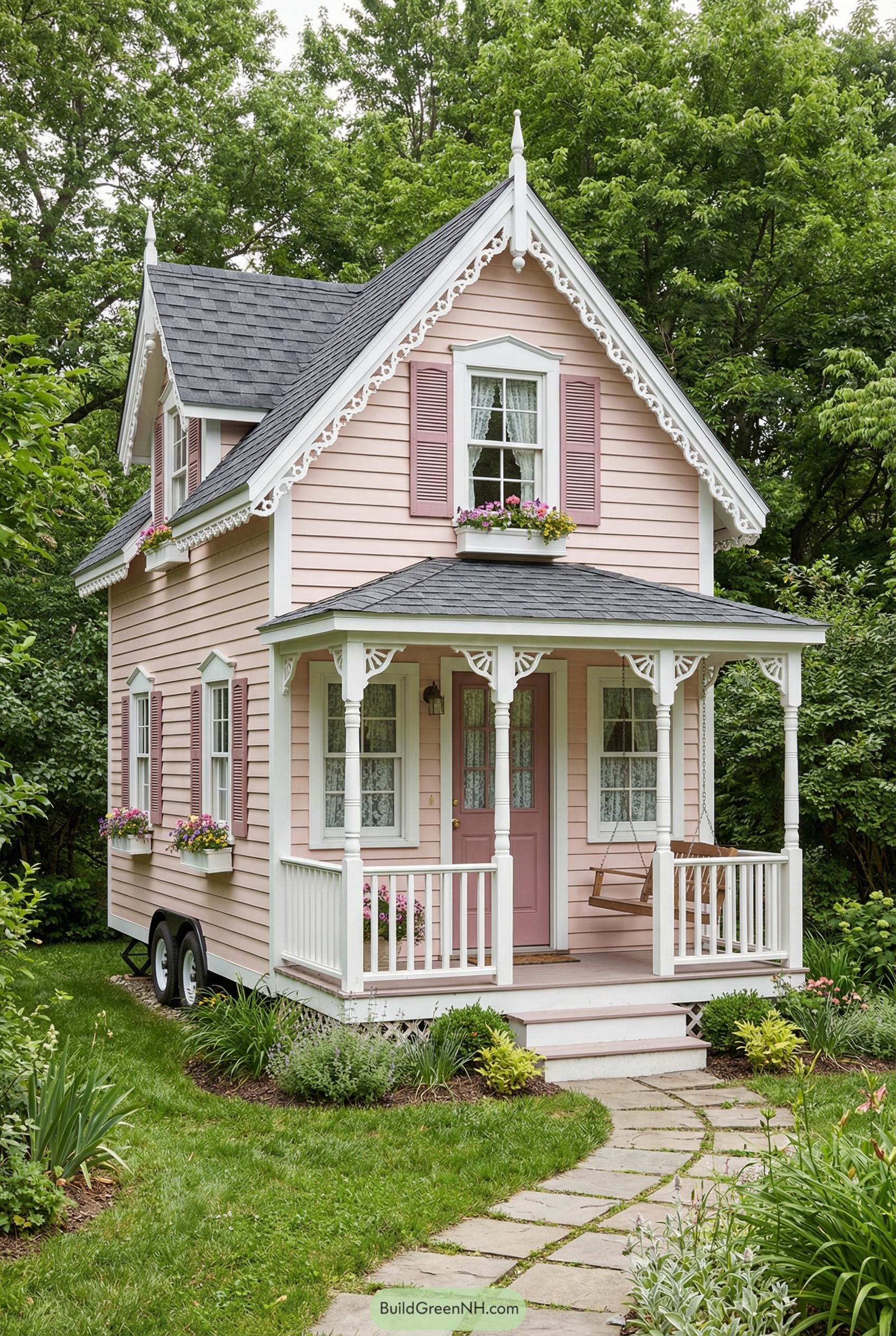 Pink tiny cottage with white trim and a small front porch swing