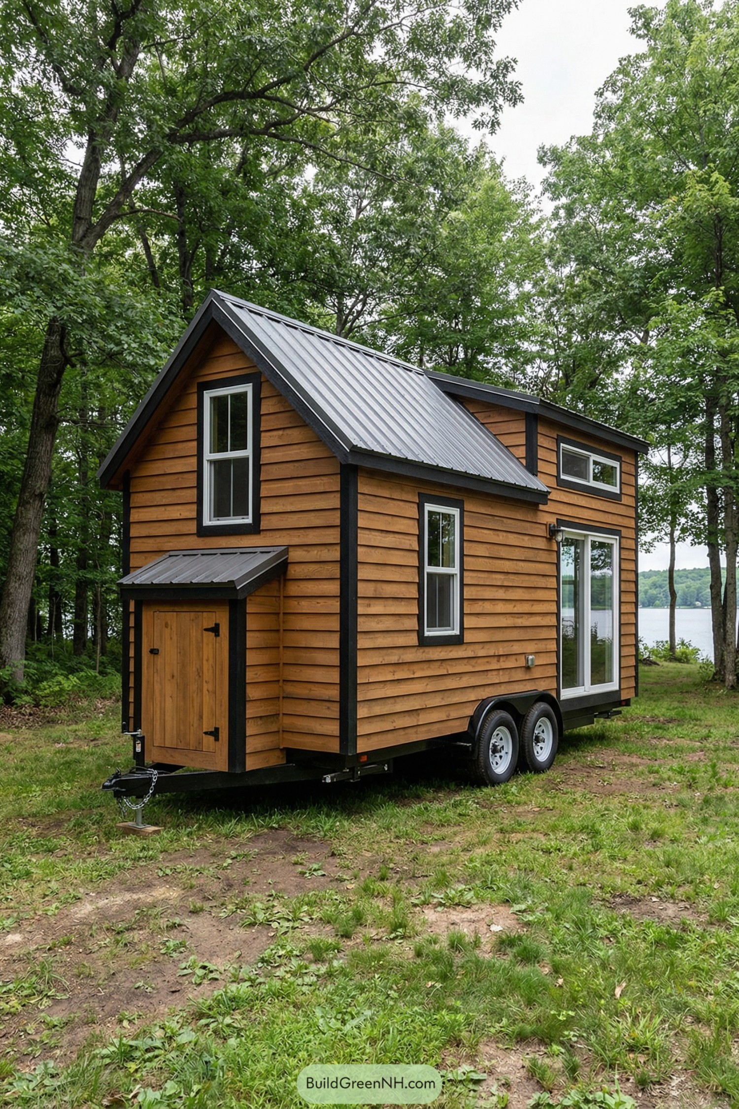 Warm wood tiny house on trailer with black metal roof and large windows in a forest clearing