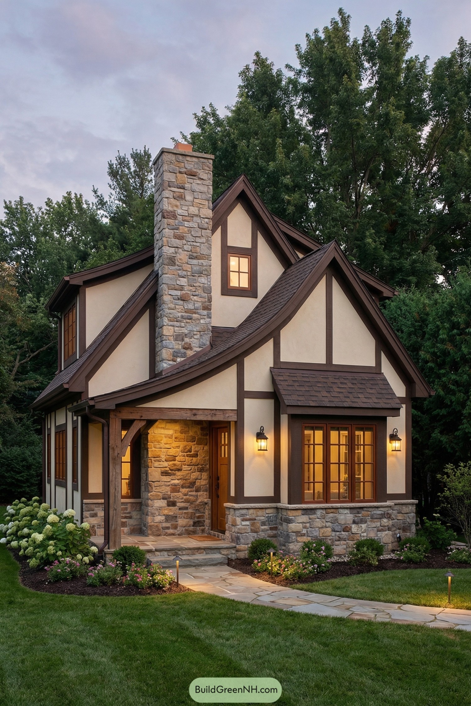 Stone-and-timber tiny cottage with steep gables at dusk