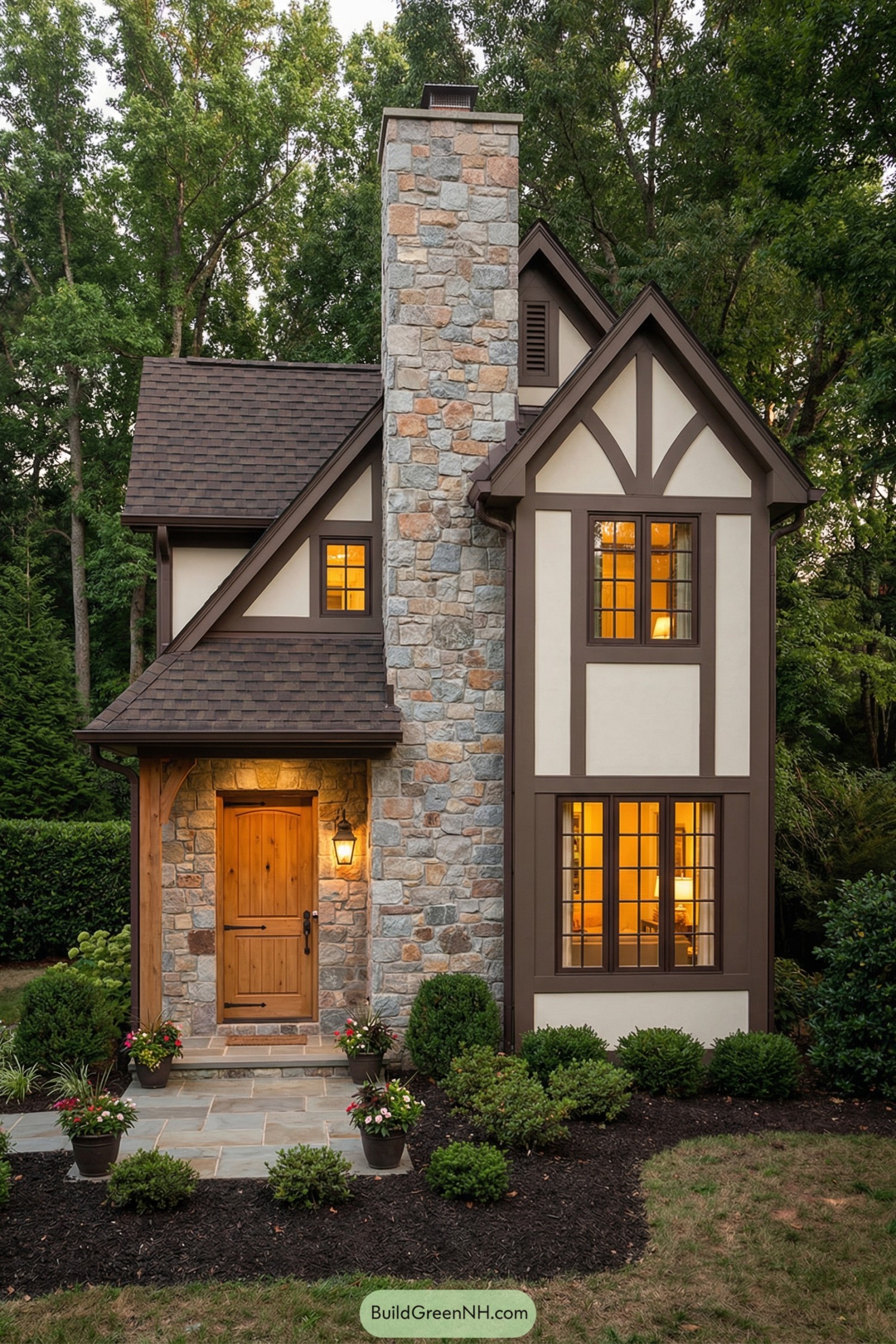 Tall narrow cottage with stone chimney and warm lit windows