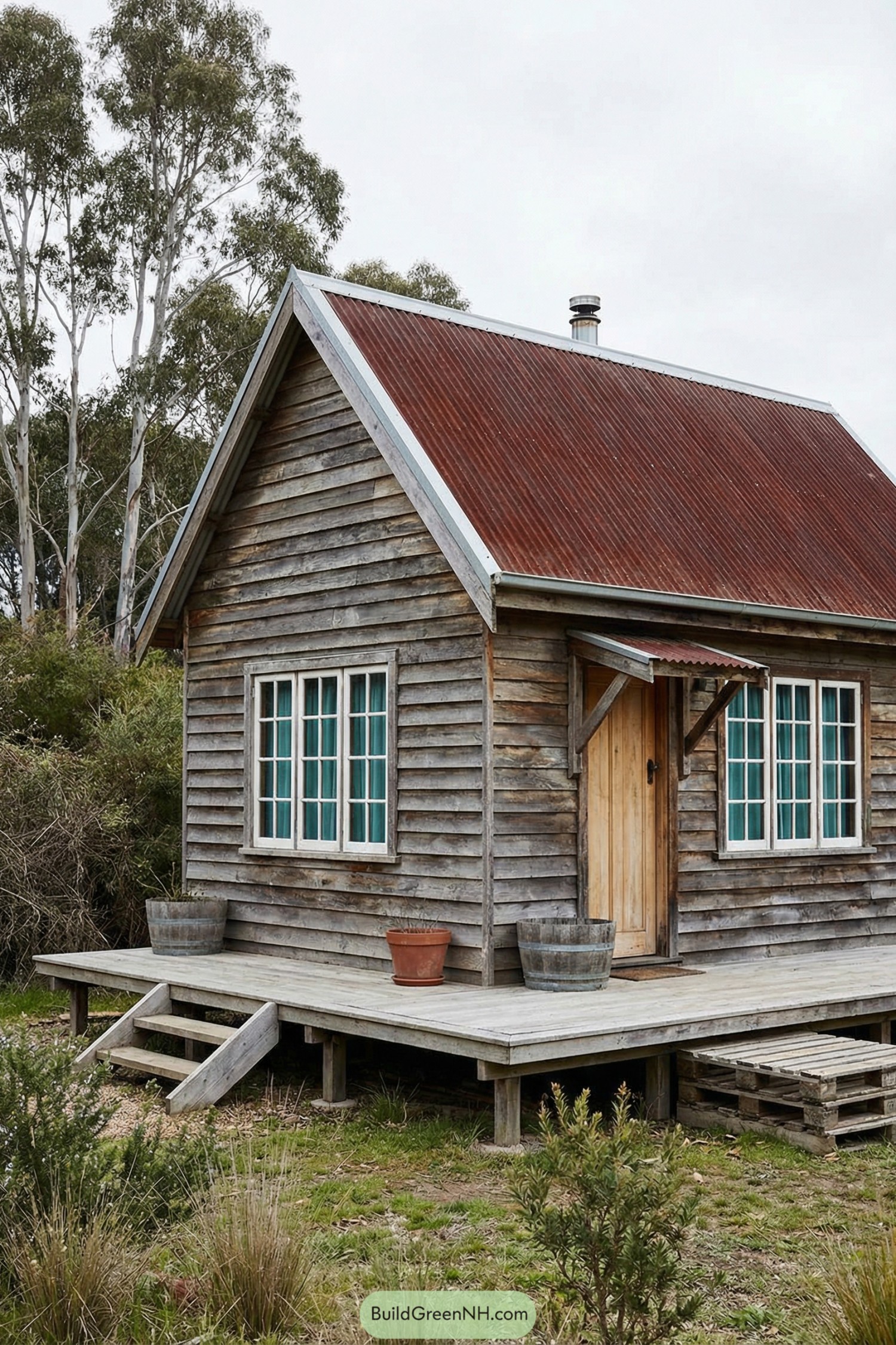 Small rustic wood cabin with metal roof and raised front porch in a natural setting