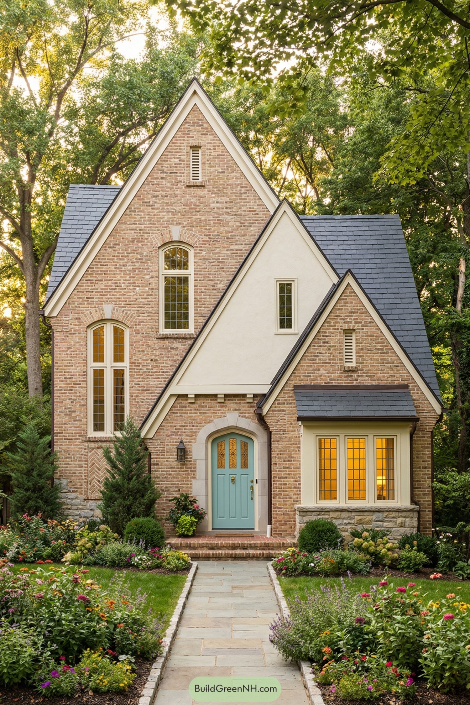 Tall brick cottage with teal door and flower-lined path
