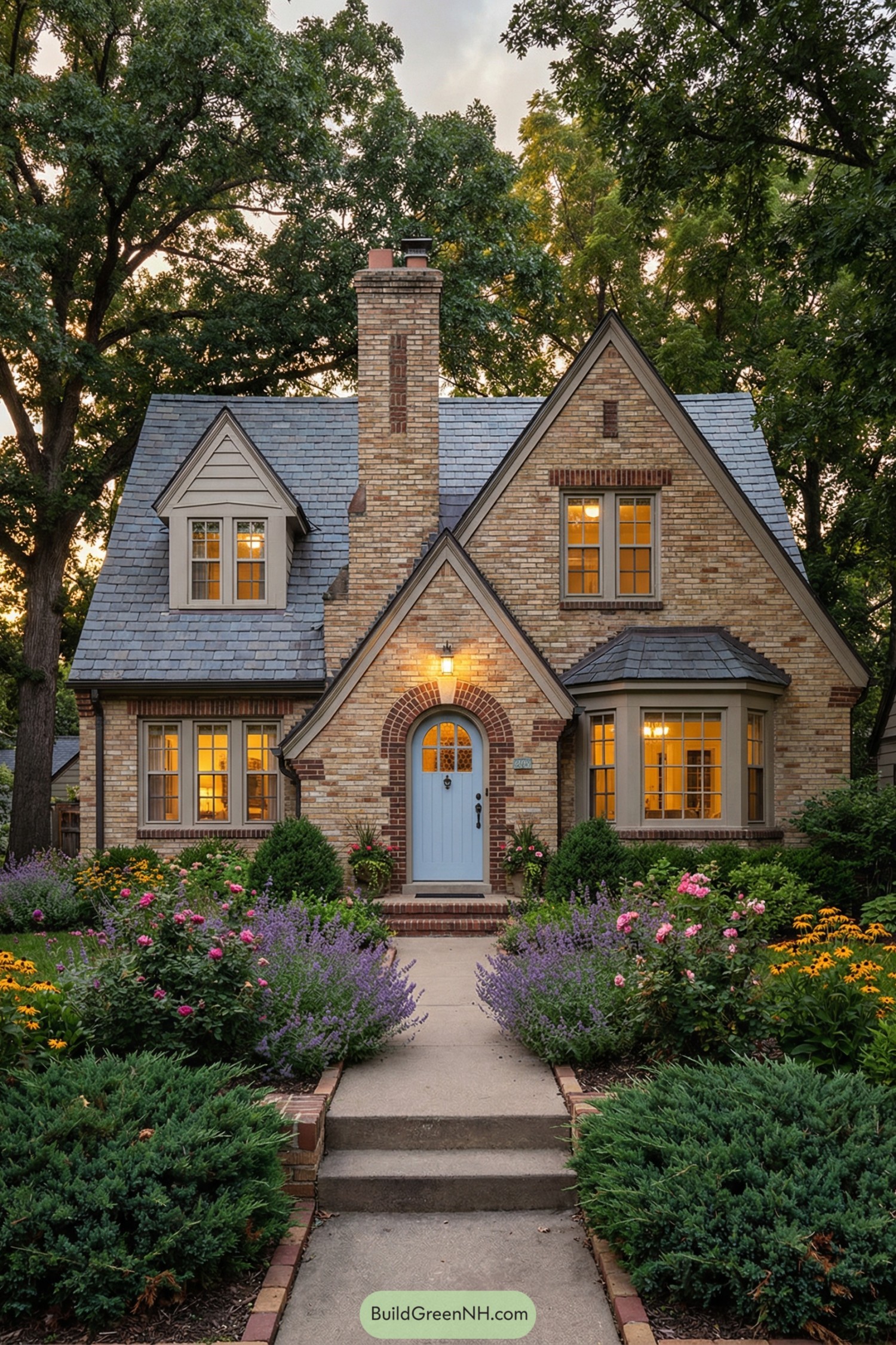 high-res photo of dream cottage house, asymmetrical Tudor-style facade with steep front-facing gables, central brick chimney and arched entry, warm light beige and tan brick walls with darker brick accents around the arched doorway and window surrounds, compact one-and-a-half-story massing with multiple pitched rooflines and a projecting bay volume on the right, exterior materials including textured brick masonry, painted wood trim and metal window framing, dark charcoal slate or shingle roofing with steep pitches and intersecting gables, multi-pane casement and fixed windows with white muntins and warm yellow interior glow, large polygonal bay window on the right with grid panes, smaller grouped casement windows on the left and a small gabled dormer with a single multi-pane window above, central arched front door painted soft pastel blue with decorative glass inset and brass hardware, shallow concrete steps and narrow straight path leading from the lawn to the front door, low brick edging and dense shrubs flanking the entry, lush landscaping with manicured green lawn, layered flowerbeds of purple, pink and yellow blooms, medium-height evergreens and ornamental bushes in front of the facade, tall mature trees framing the house and partially arching over the roof, background of dense leafy tree canopy and hints of neighboring properties blurred in distance, early evening setting with warm interior lights glowing through windows, soft golden ambient light and subtle sky reflections on glass, overall picture-perfect and inviting composition, real-life photo, high-resolution, architectural photography, soft lighting, cinematic composition.