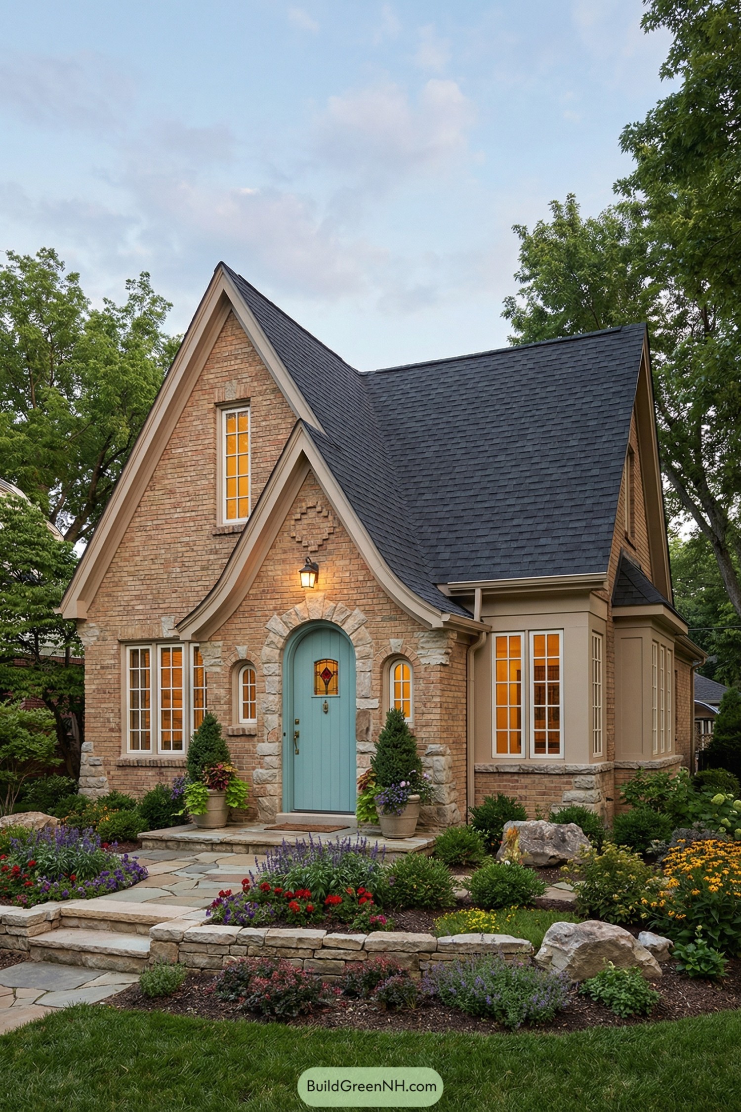 Charming brick cottage with steep roof and turquoise front door framed by lush gardens