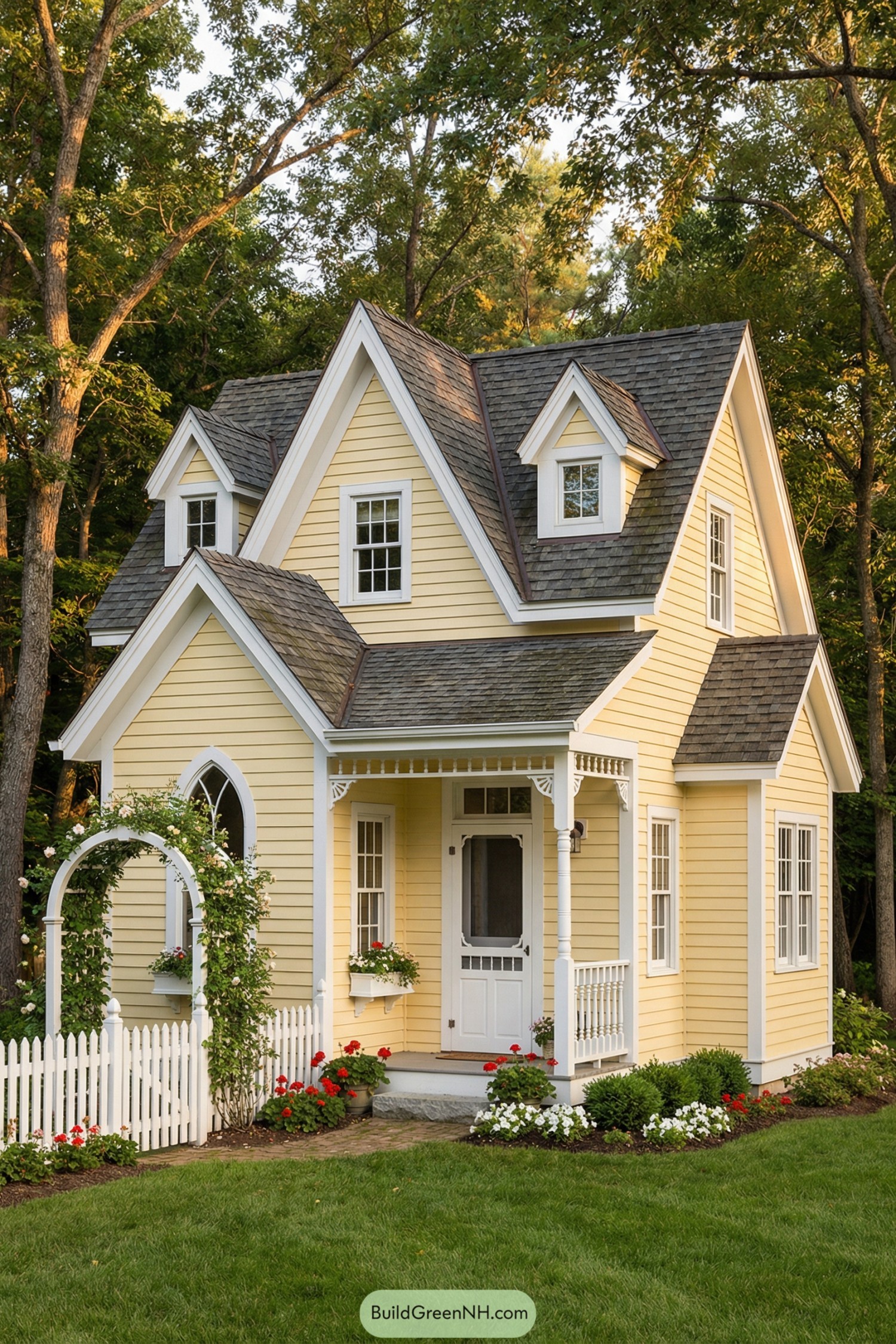 Yellow cottage with steep gables and white picket fence