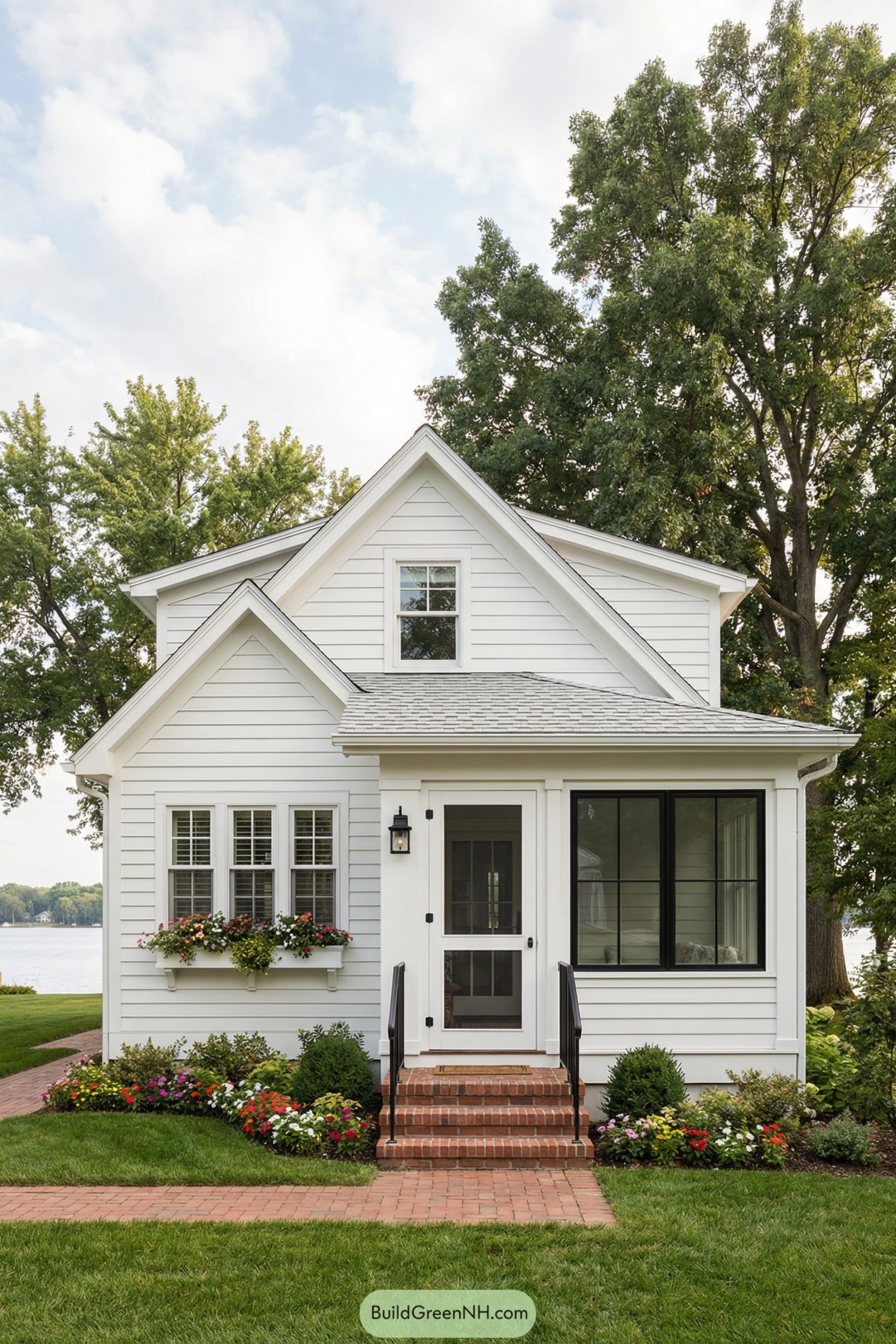 White gabled cottage with brick path and flower beds by a lake