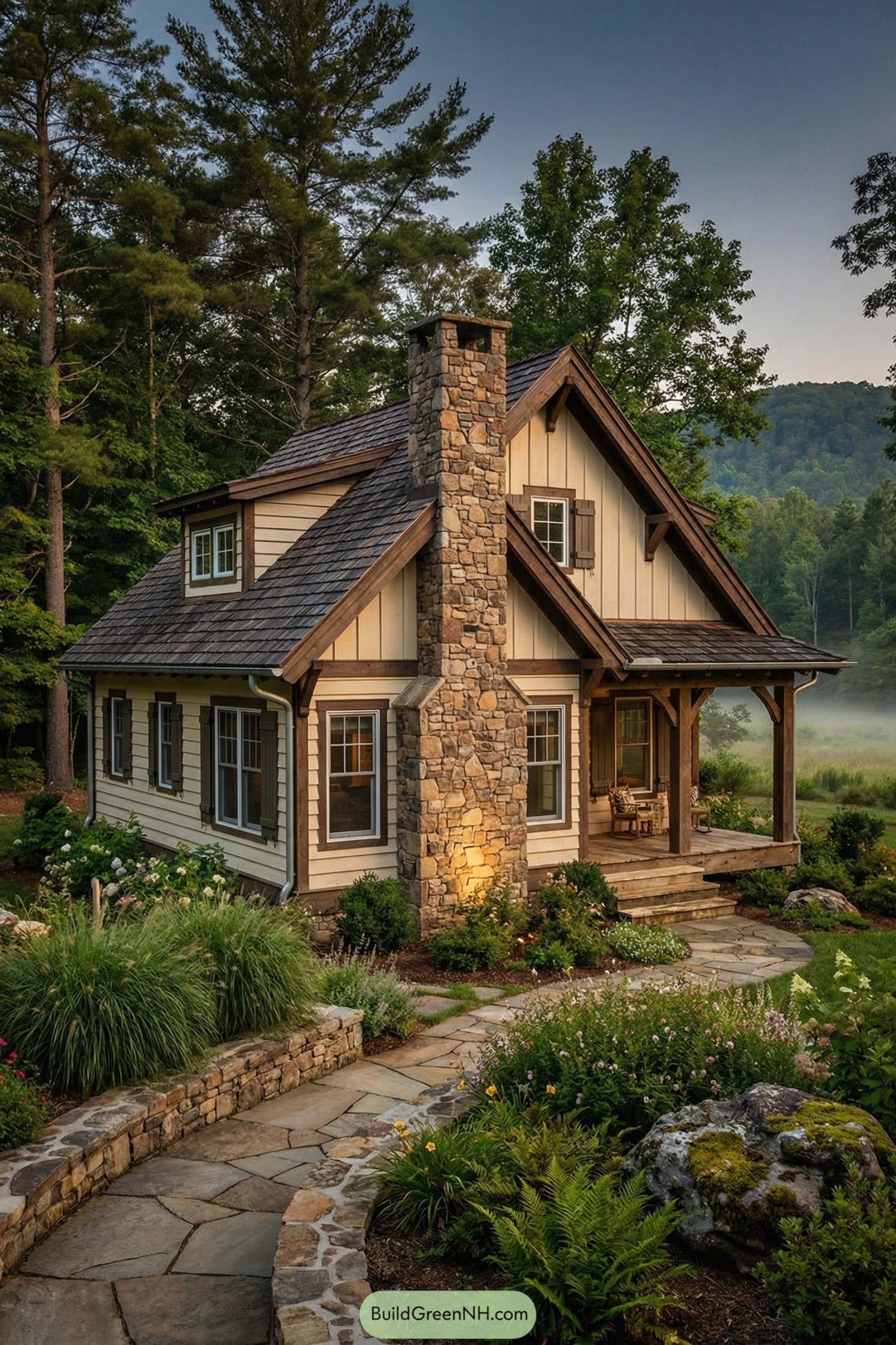 Cozy stone-and-wood cottage nestled in lush landscaped gardens at the edge of a forest clearing