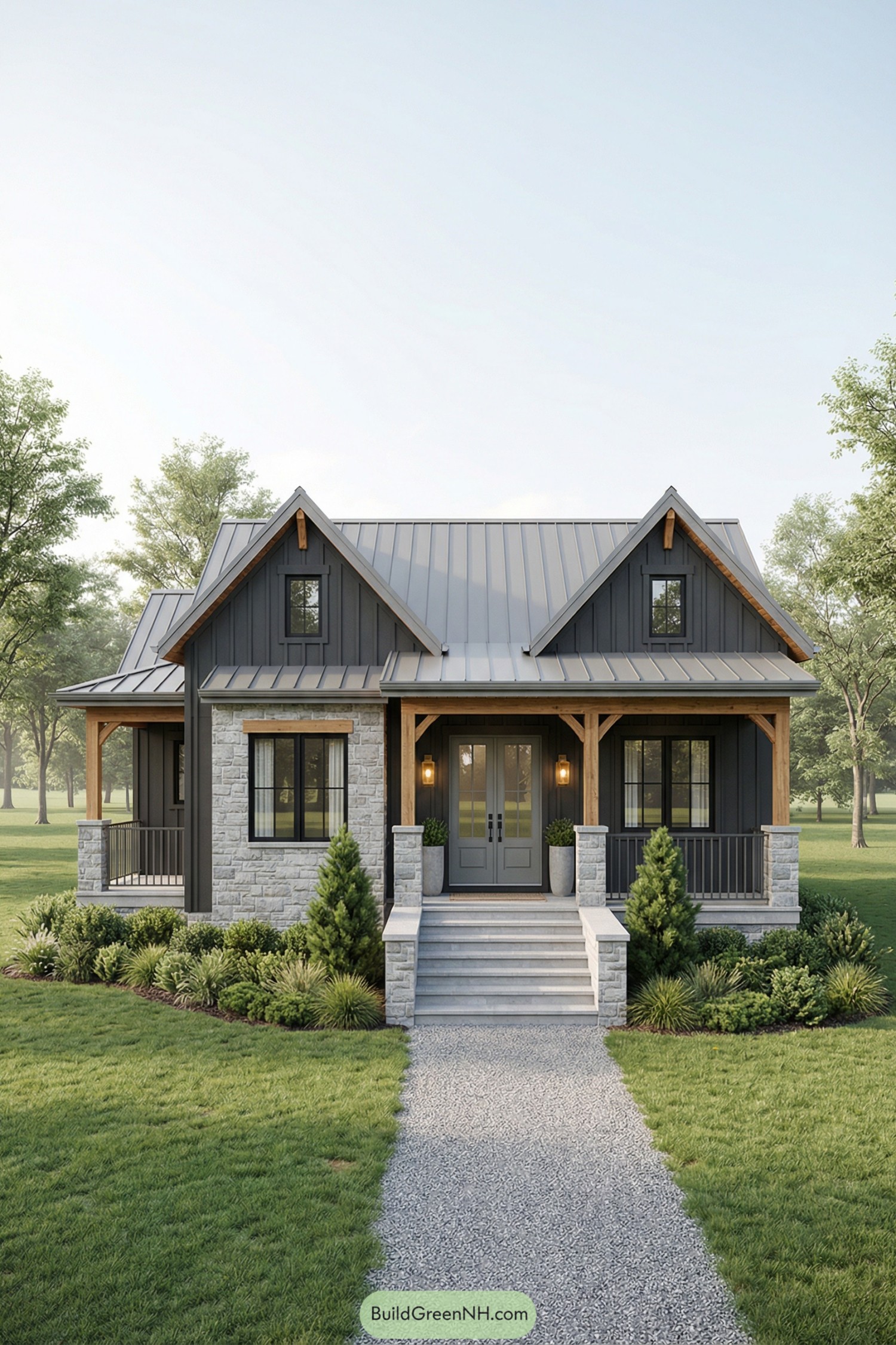 Modern gray cottage with stone siding and welcoming front porch