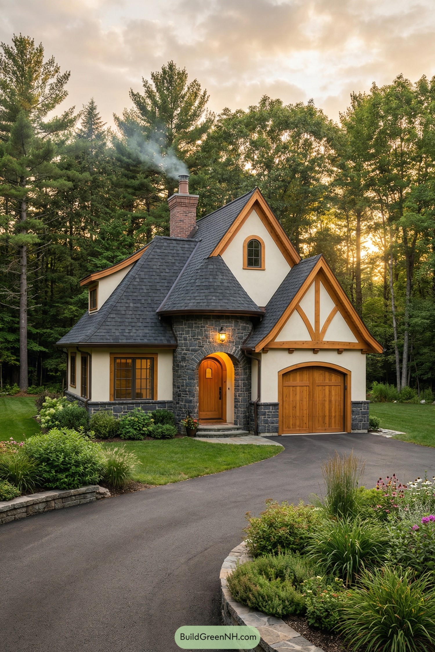 Cozy stone and stucco cottage with wood accents and lush forest backdrop