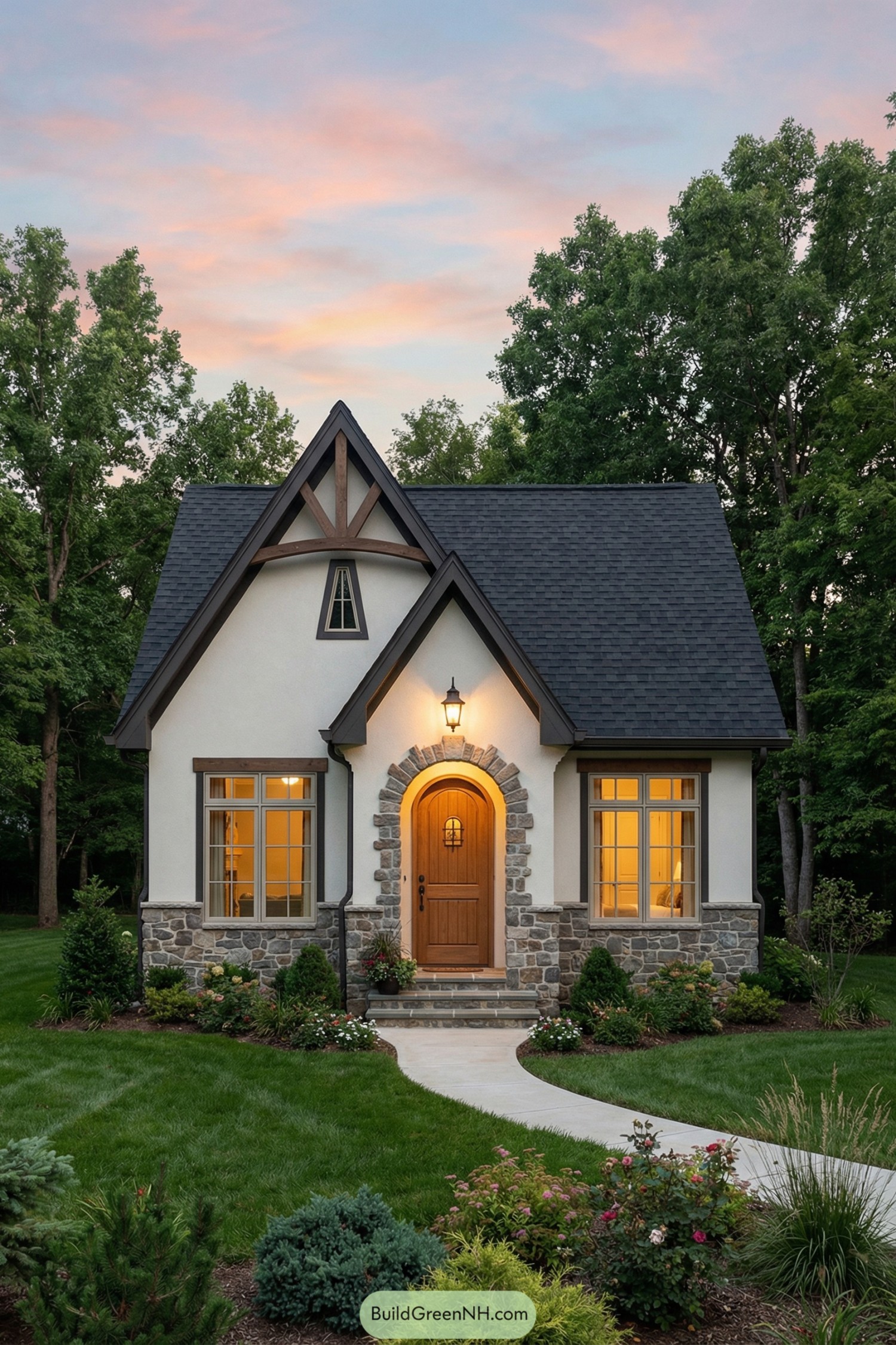 Cozy cottage with steep roof, stone base, and glowing arched wooden entry at sunset