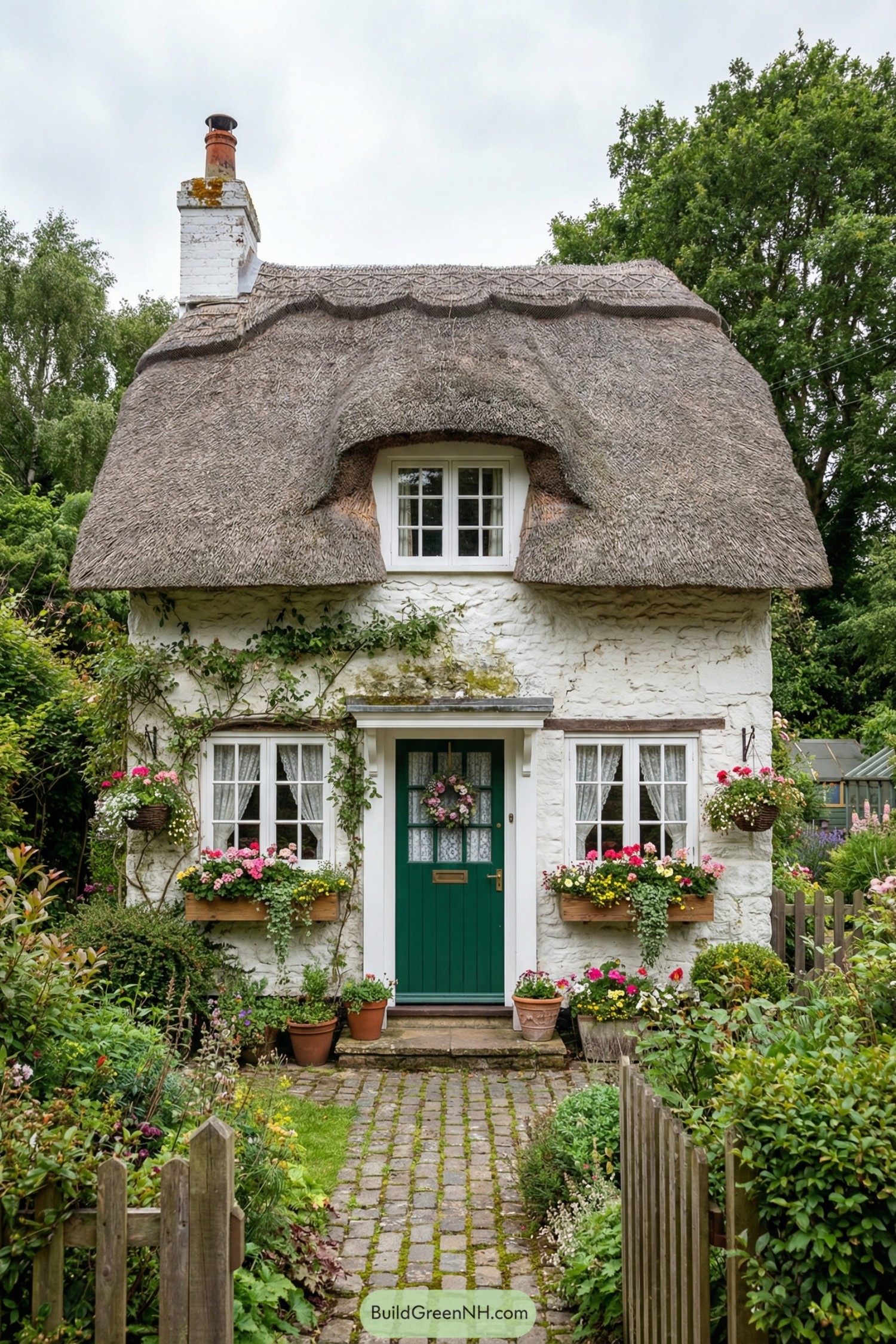 Quaint white thatched cottage with green door and lush flower-lined path