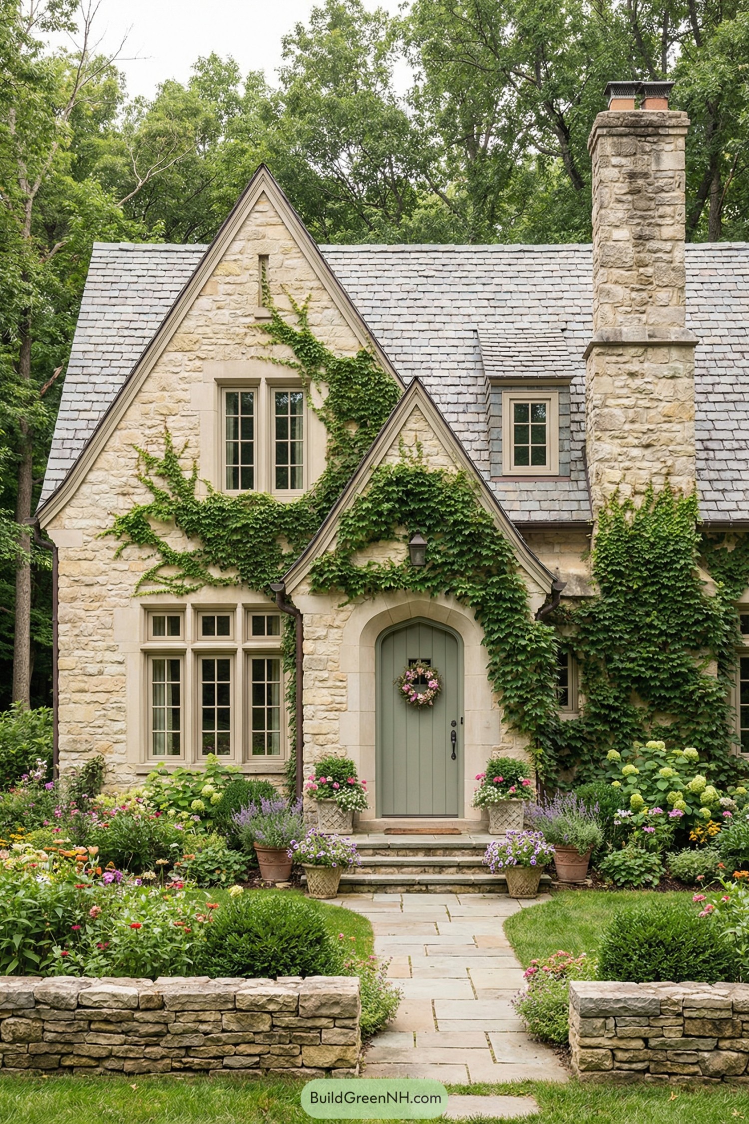 Charming stone cottage with ivy-covered façade and lush flower garden