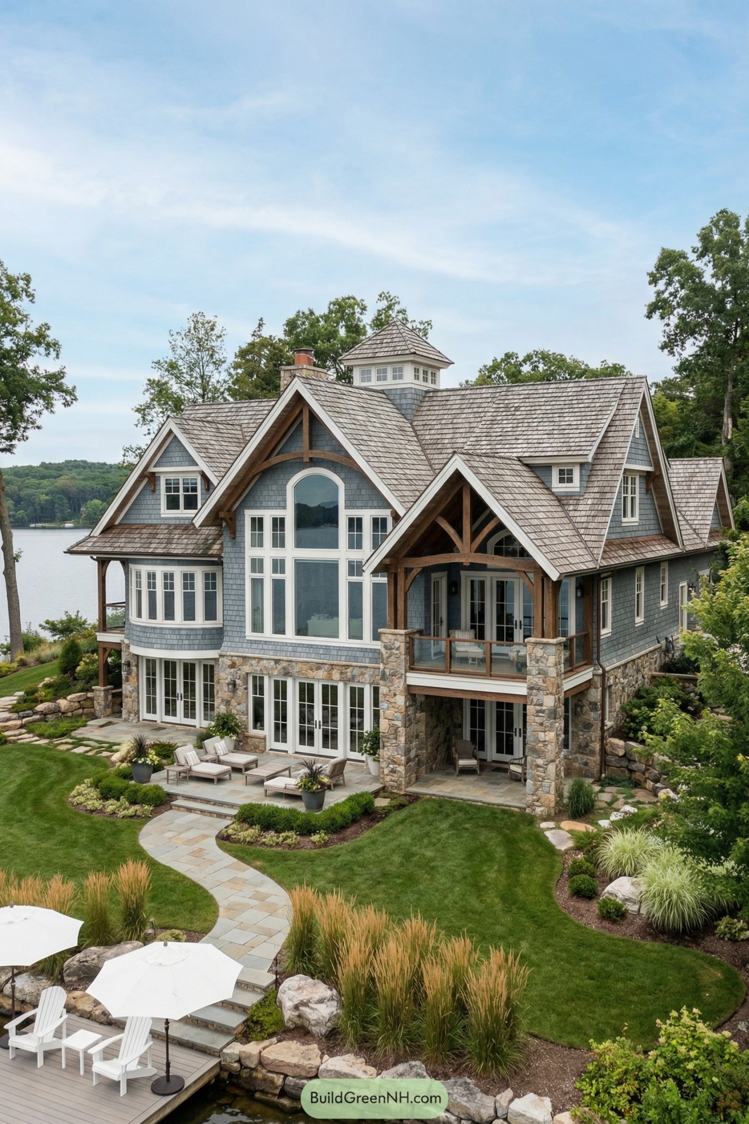 Lakefront stone and shingle cottage with tall gables and expansive glass overlooking the water
