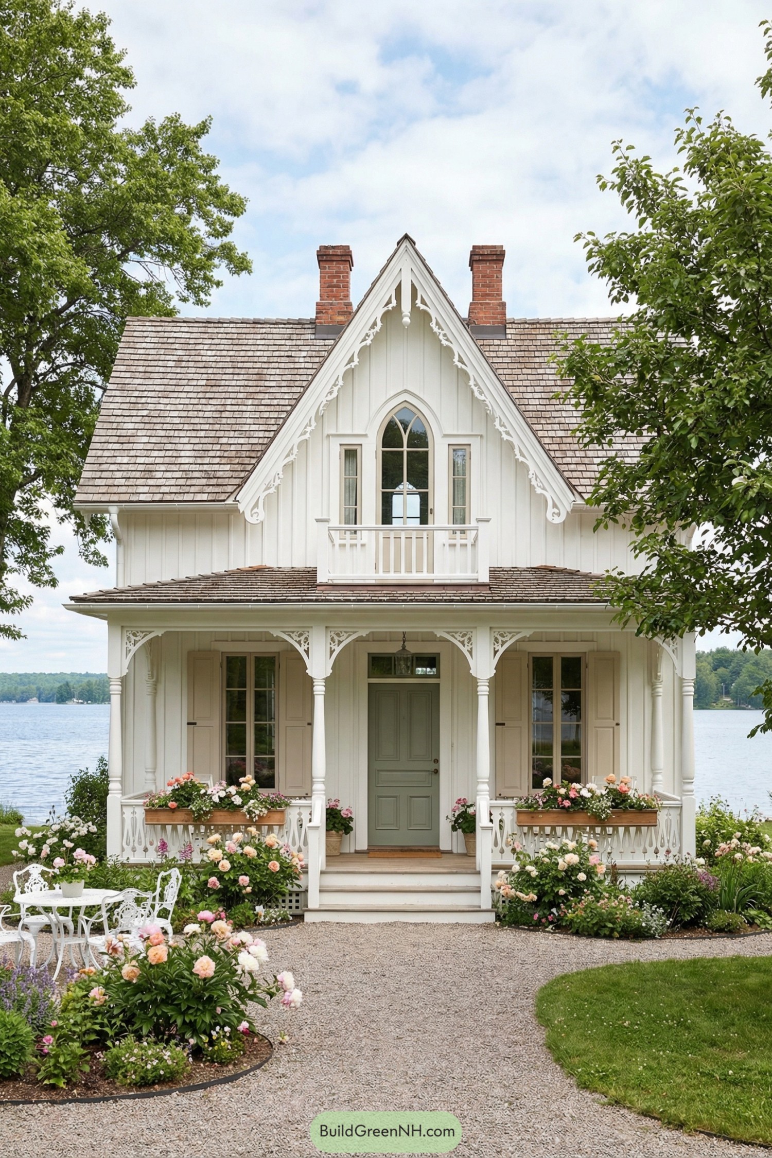 White Gothic cottage with ornate trim, lake backdrop, and lush flower garden