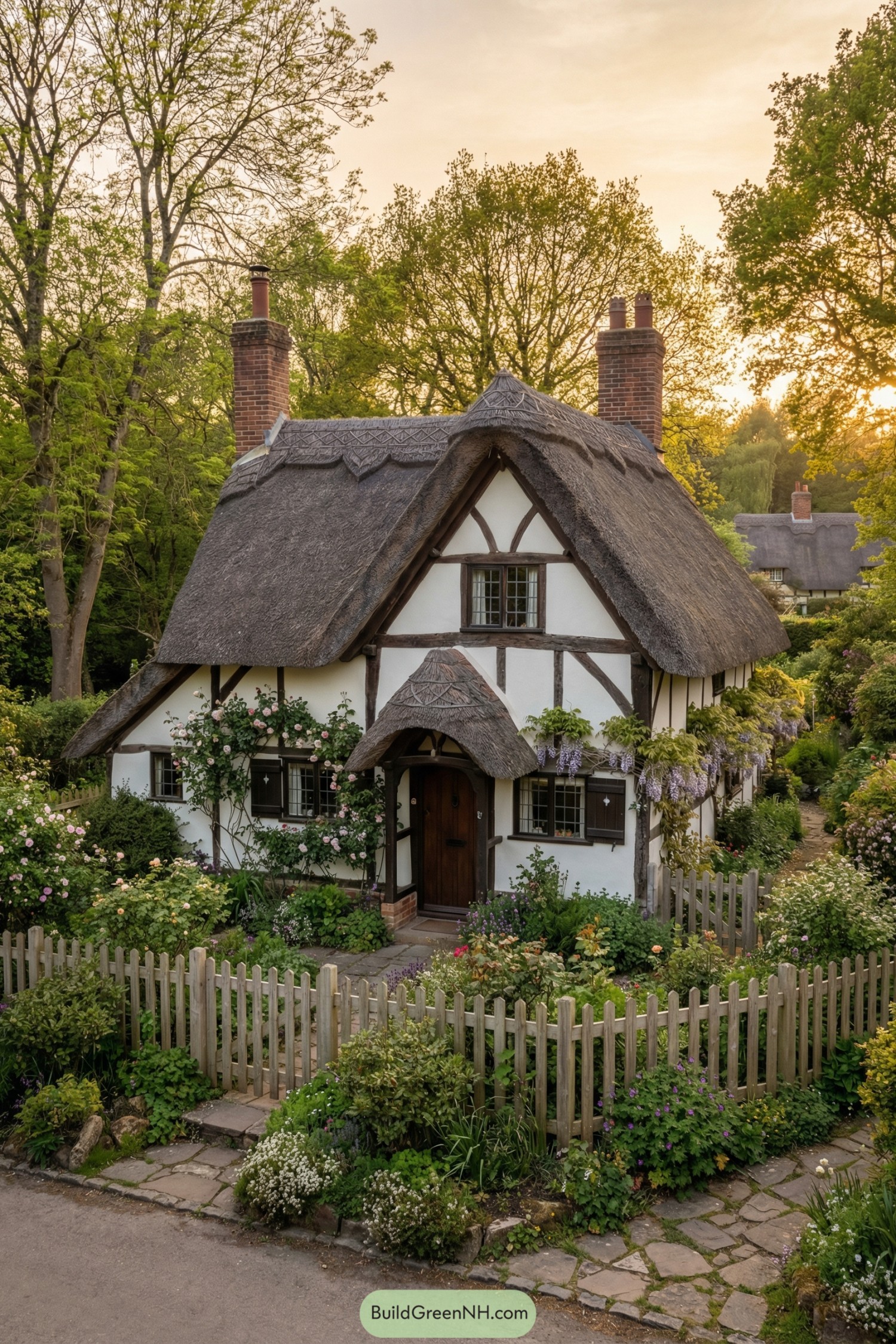Charming thatched cottage with timber framing and lush flower garden at sunset