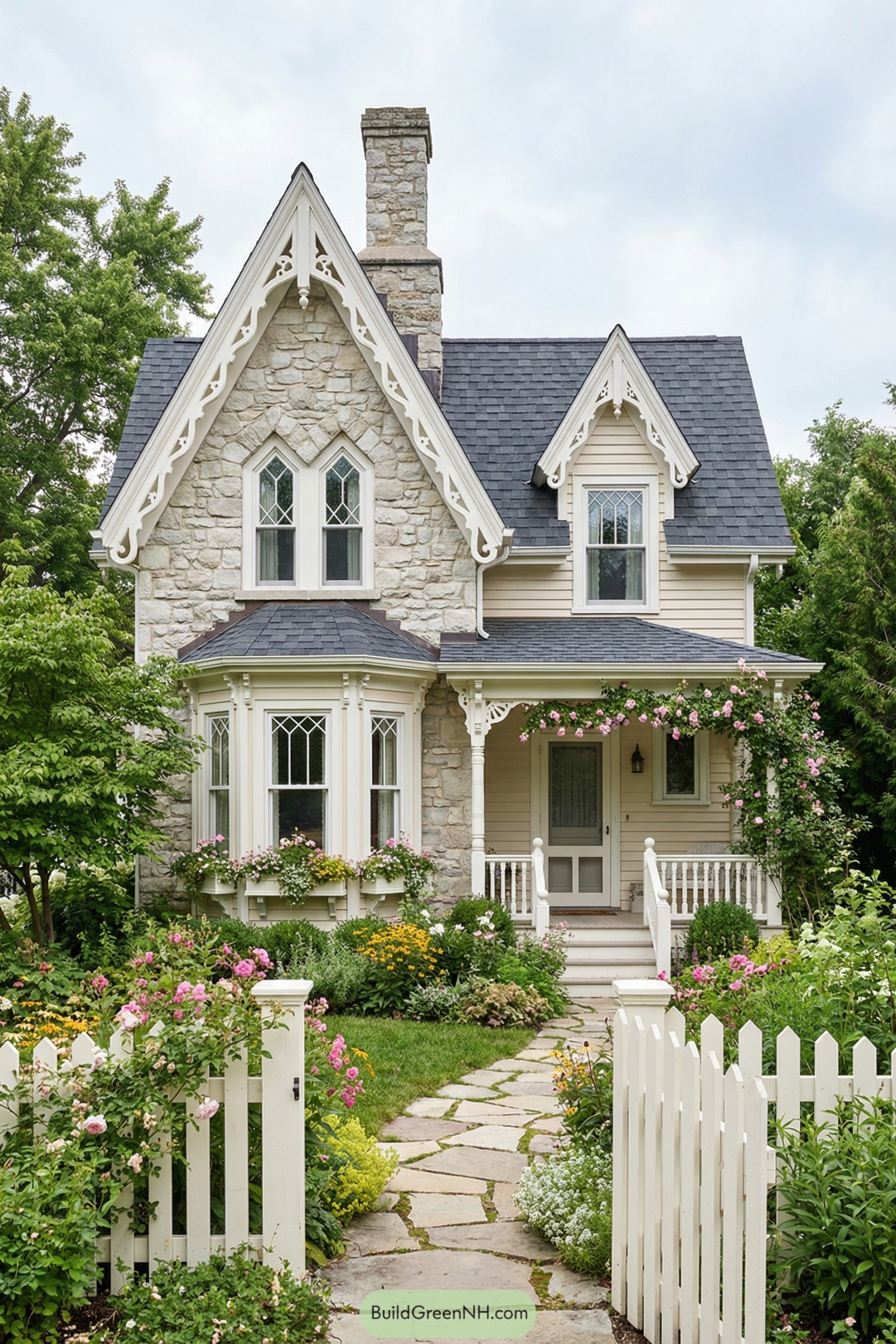 Stone cottage with ornate gables and garden