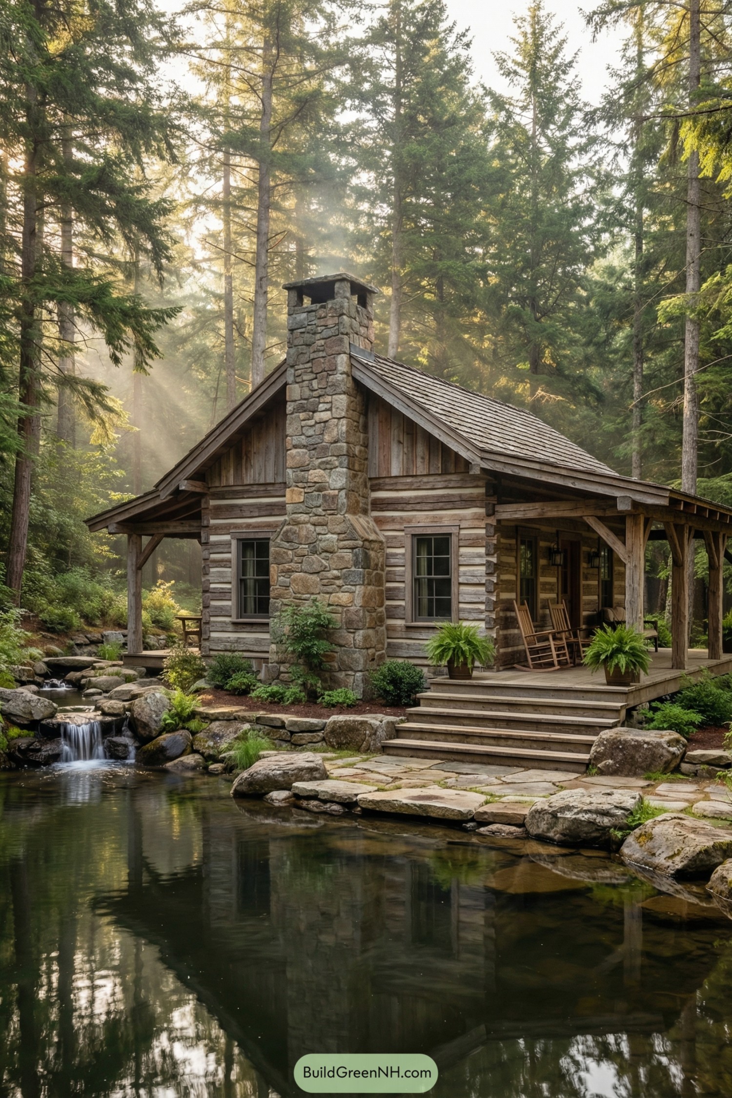 Rustic log cabin with stone chimney beside a forest pond and small waterfall