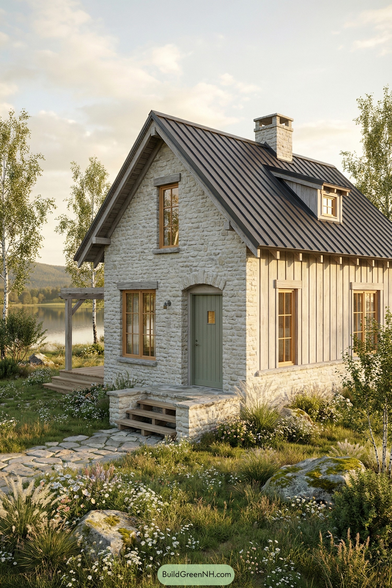 Small stone cottage with metal roof by a lake