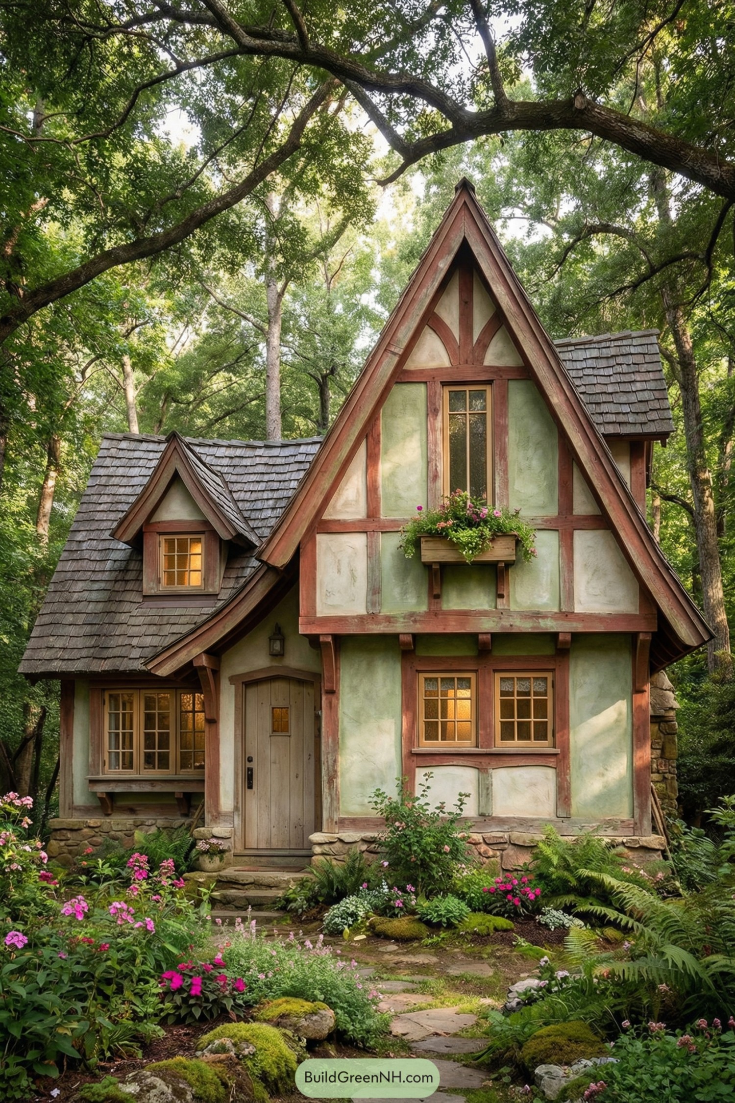 Charming storybook cottage with steep rooflines, timber framing, and lush flower garden in a wooded setting