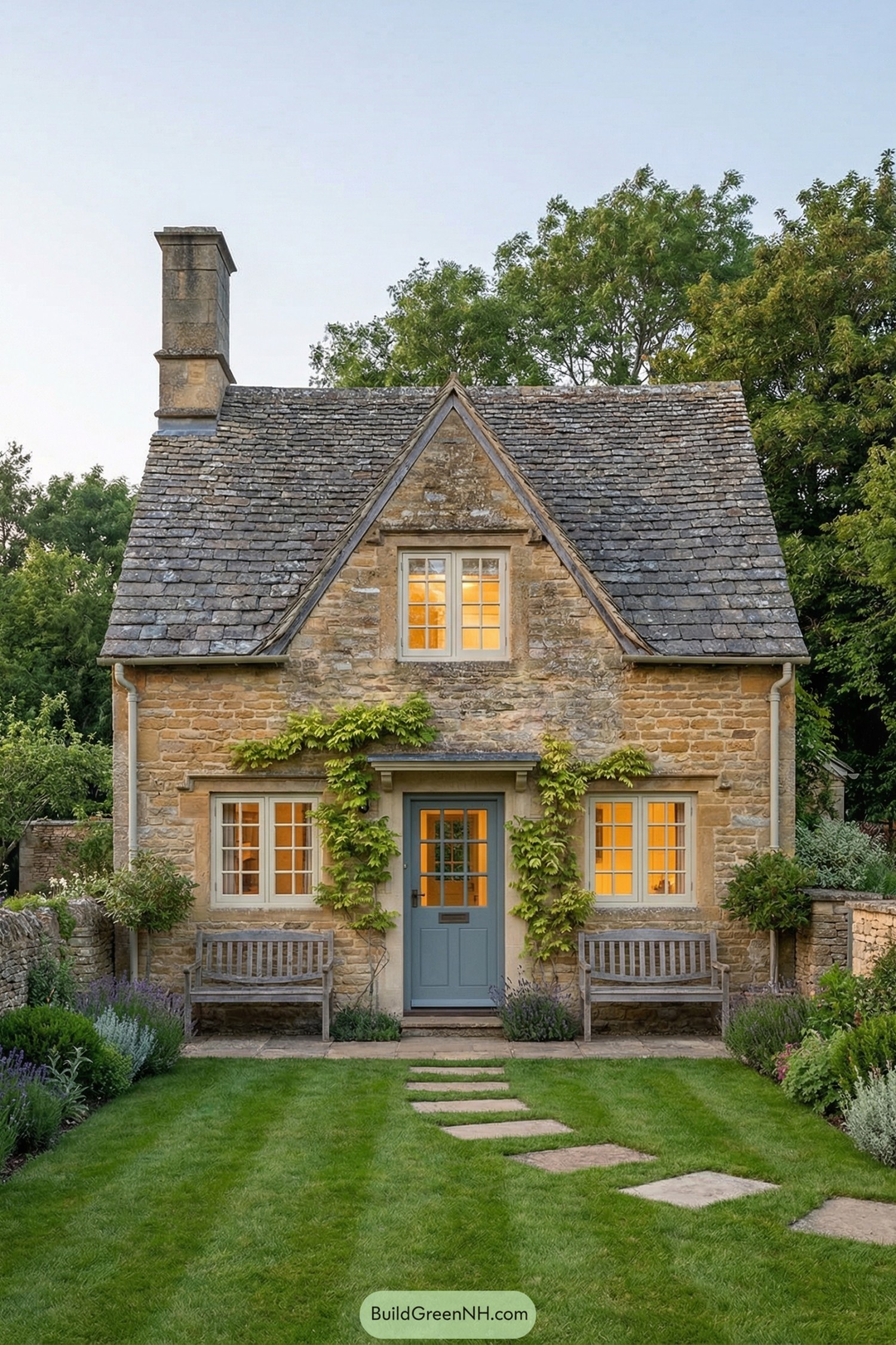Warm-lit stone cottage with steep roof, blue door, vines, and manicured garden path
