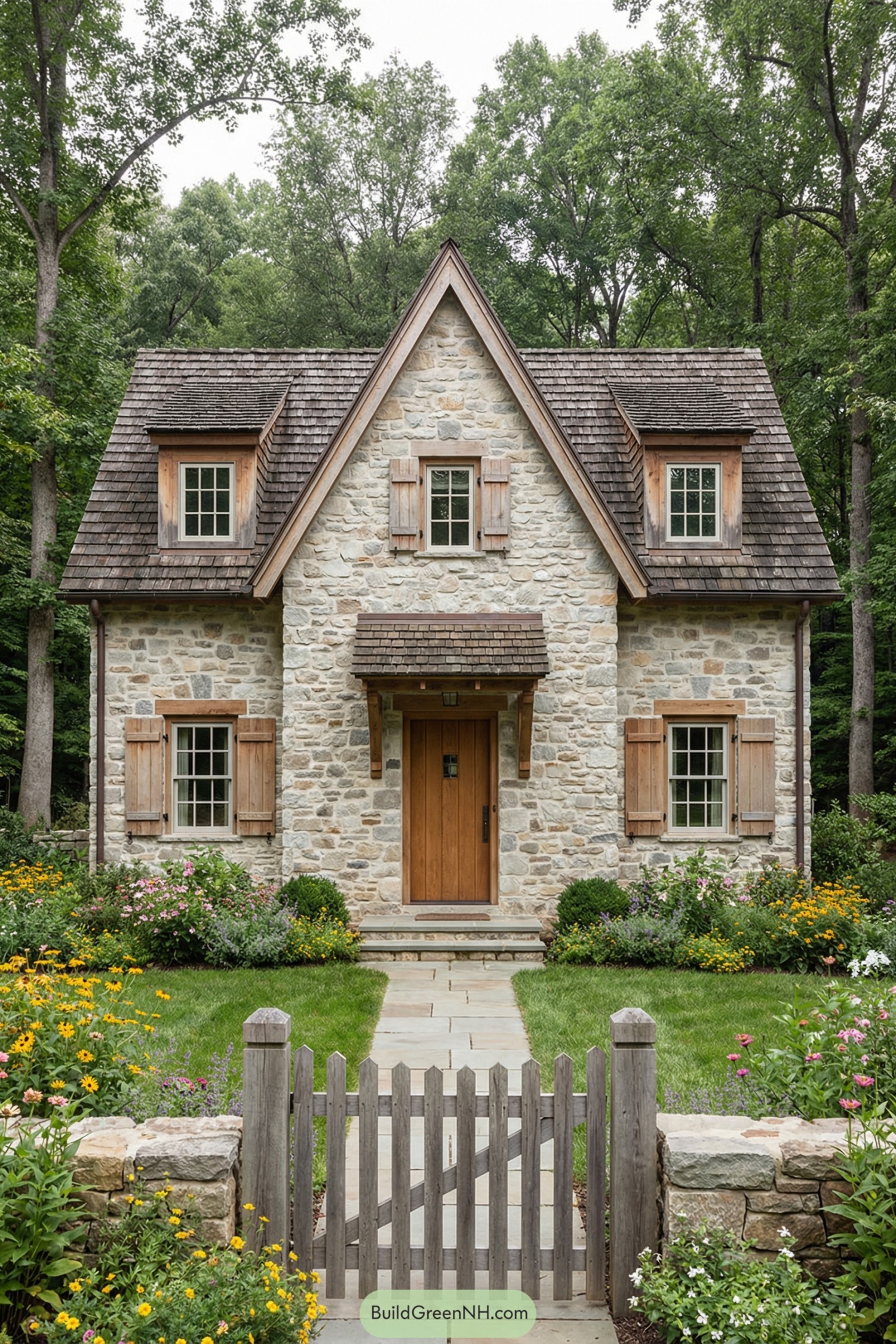 Cozy stone cottage with wood shutters and lush garden