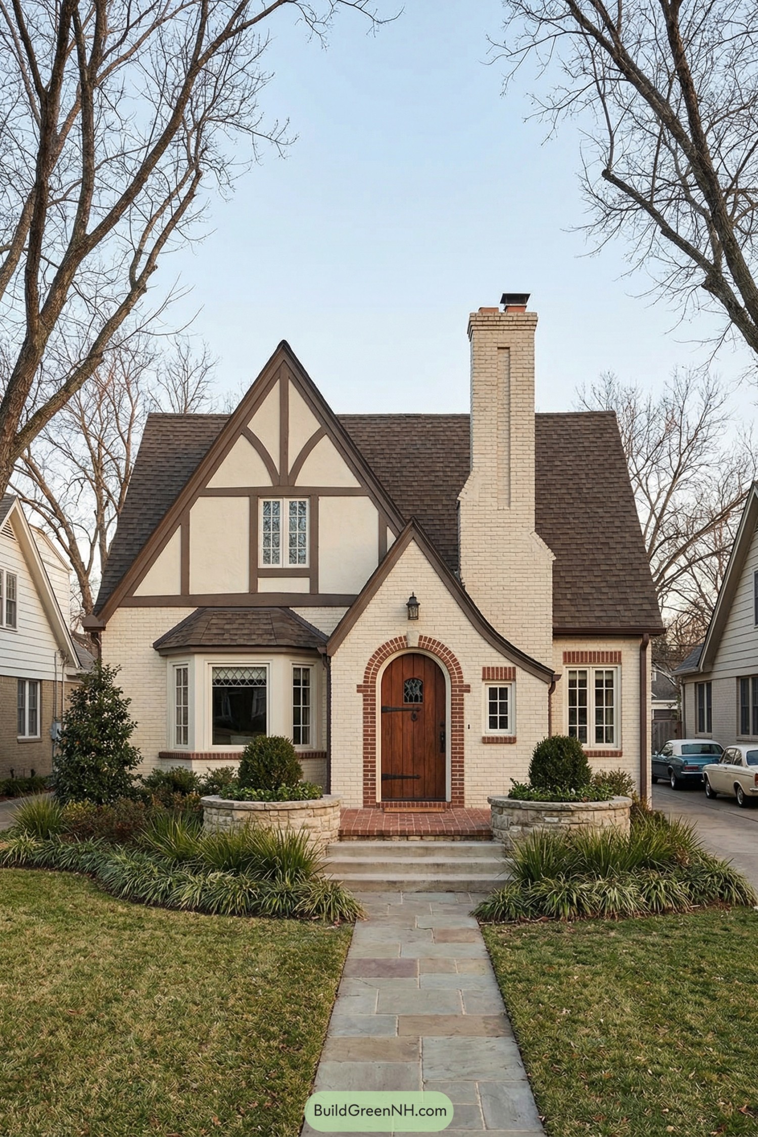 Cozy brick Tudor cottage with steep gables and arched wooden door