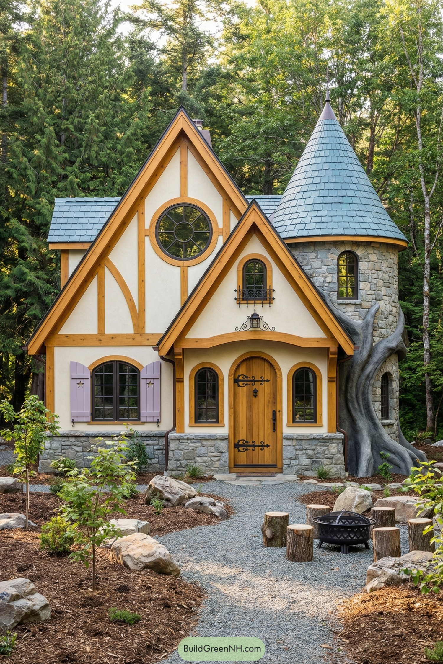 Fairy-tale stone-and-timber cottage with turret and garden path