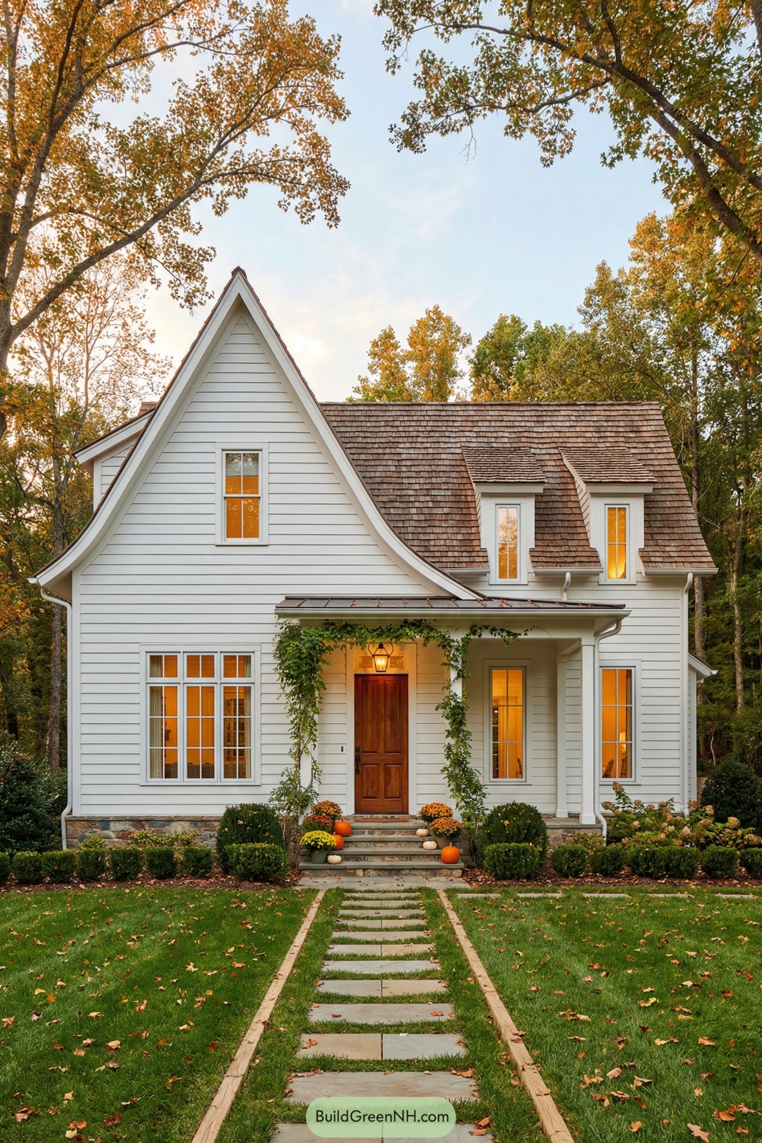 White cottage with tall gable roof, stone path, and glowing windows at dusk
