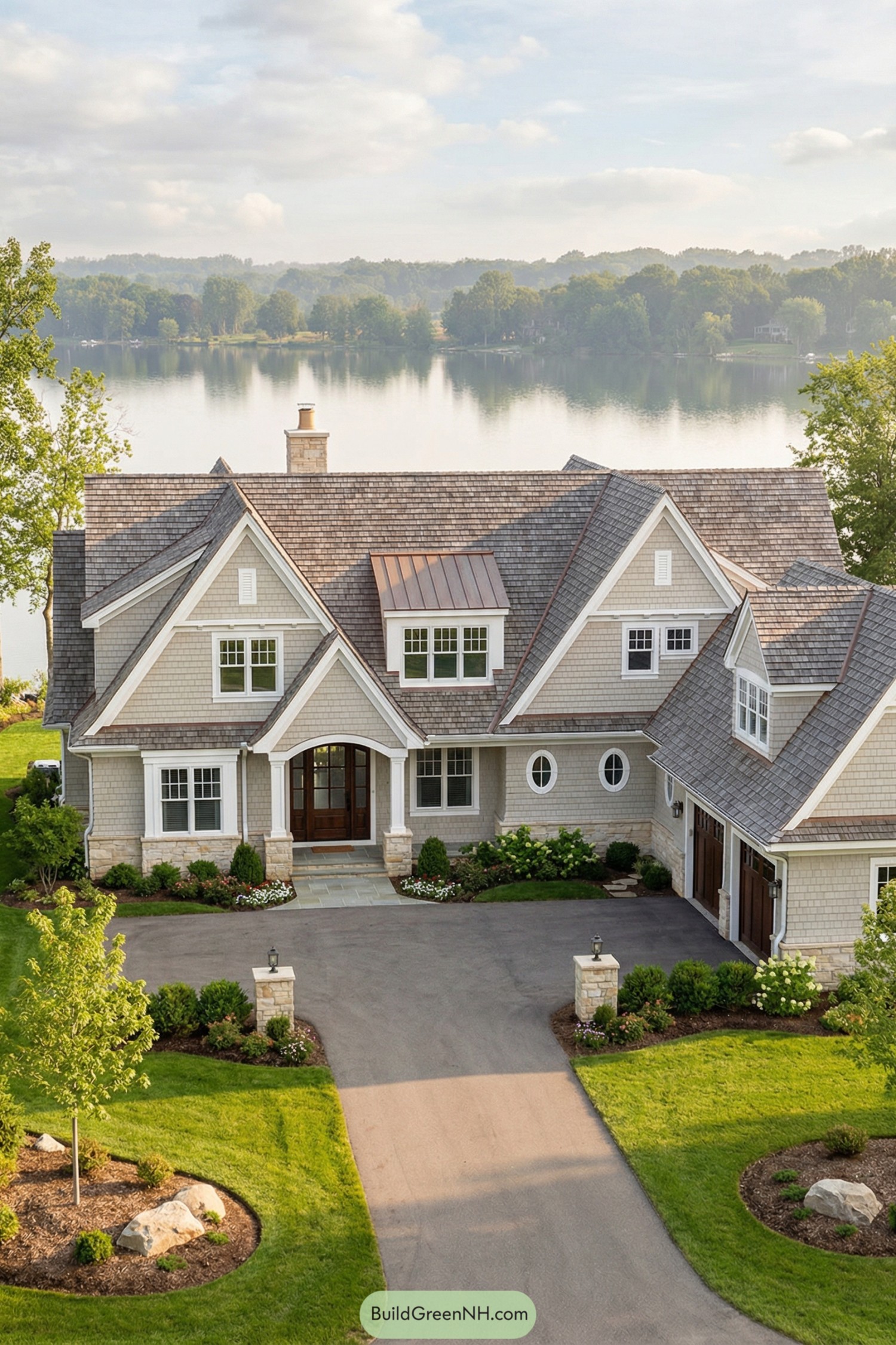 Shingle-style lake house with layered gables