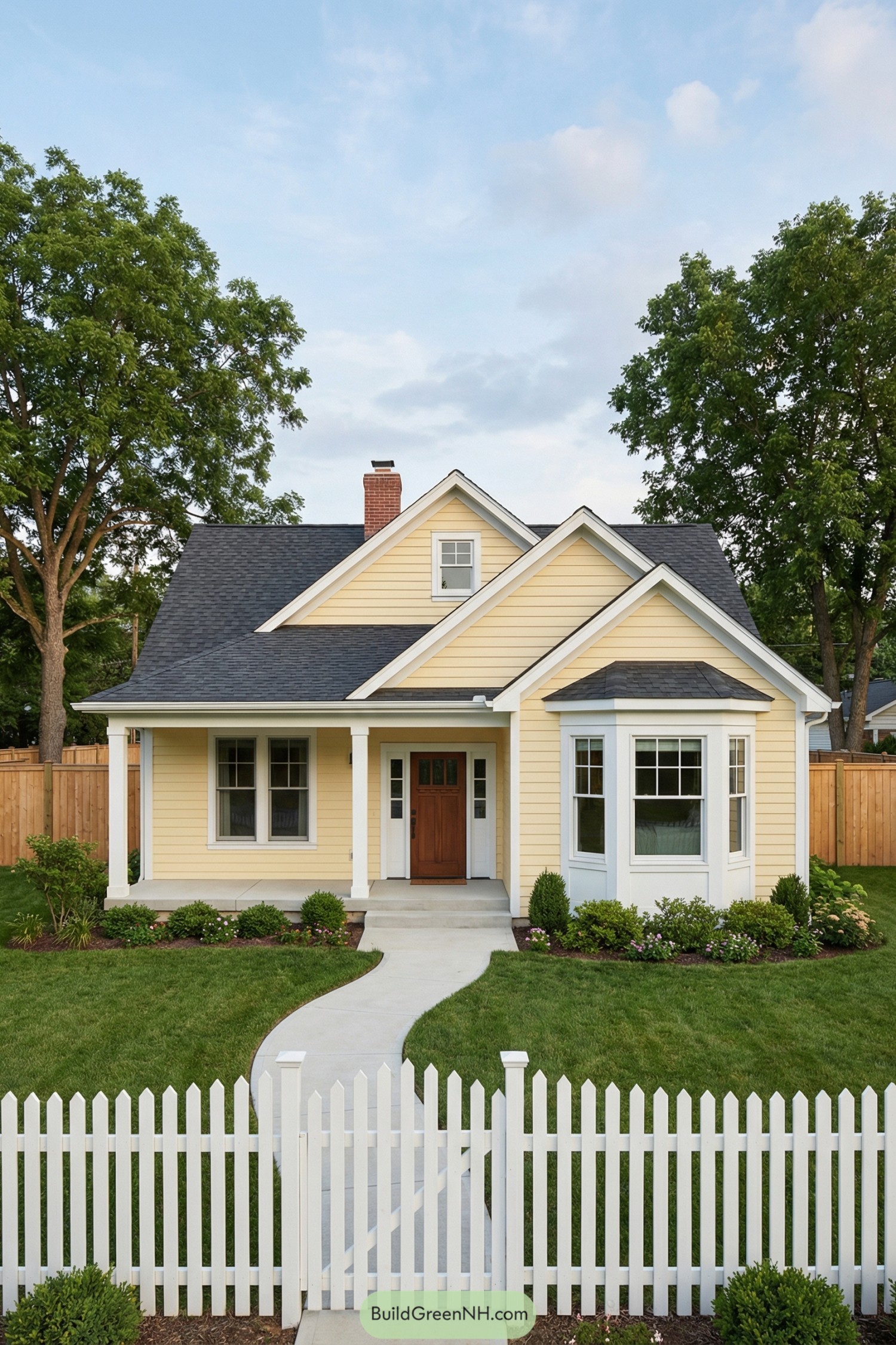 Yellow cottage with front porch, bay window, and white picket fence