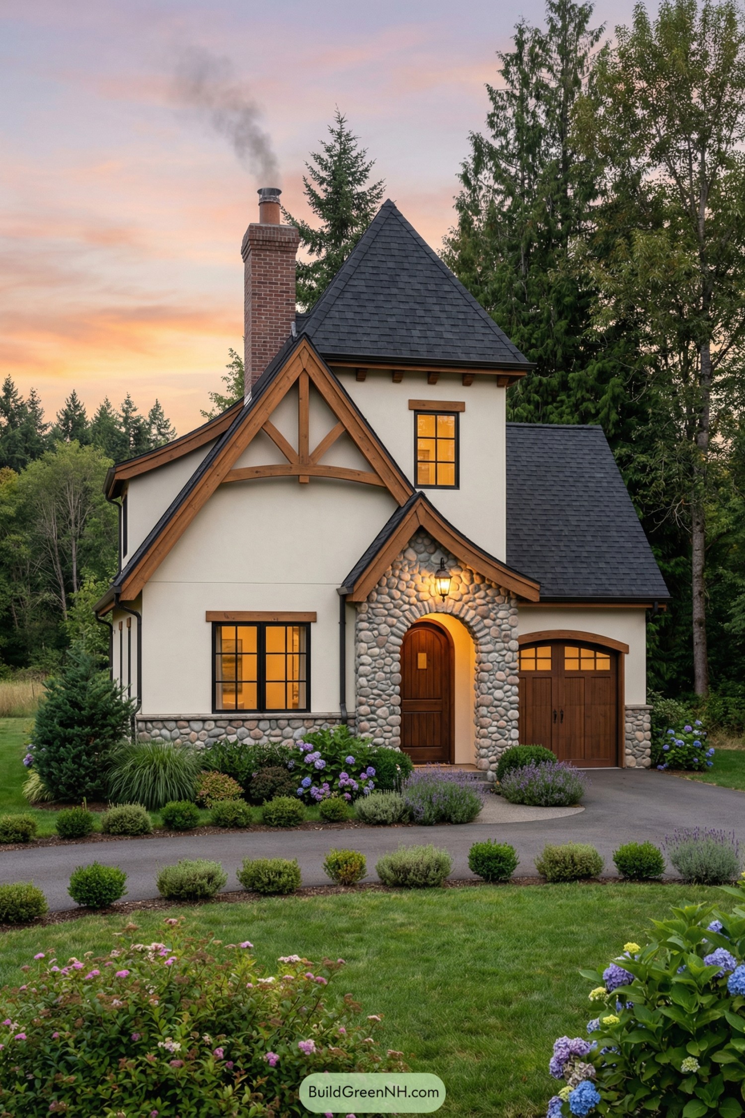 Charming cottage-style house with stone entry, steep gables, and glowing windows at dusk