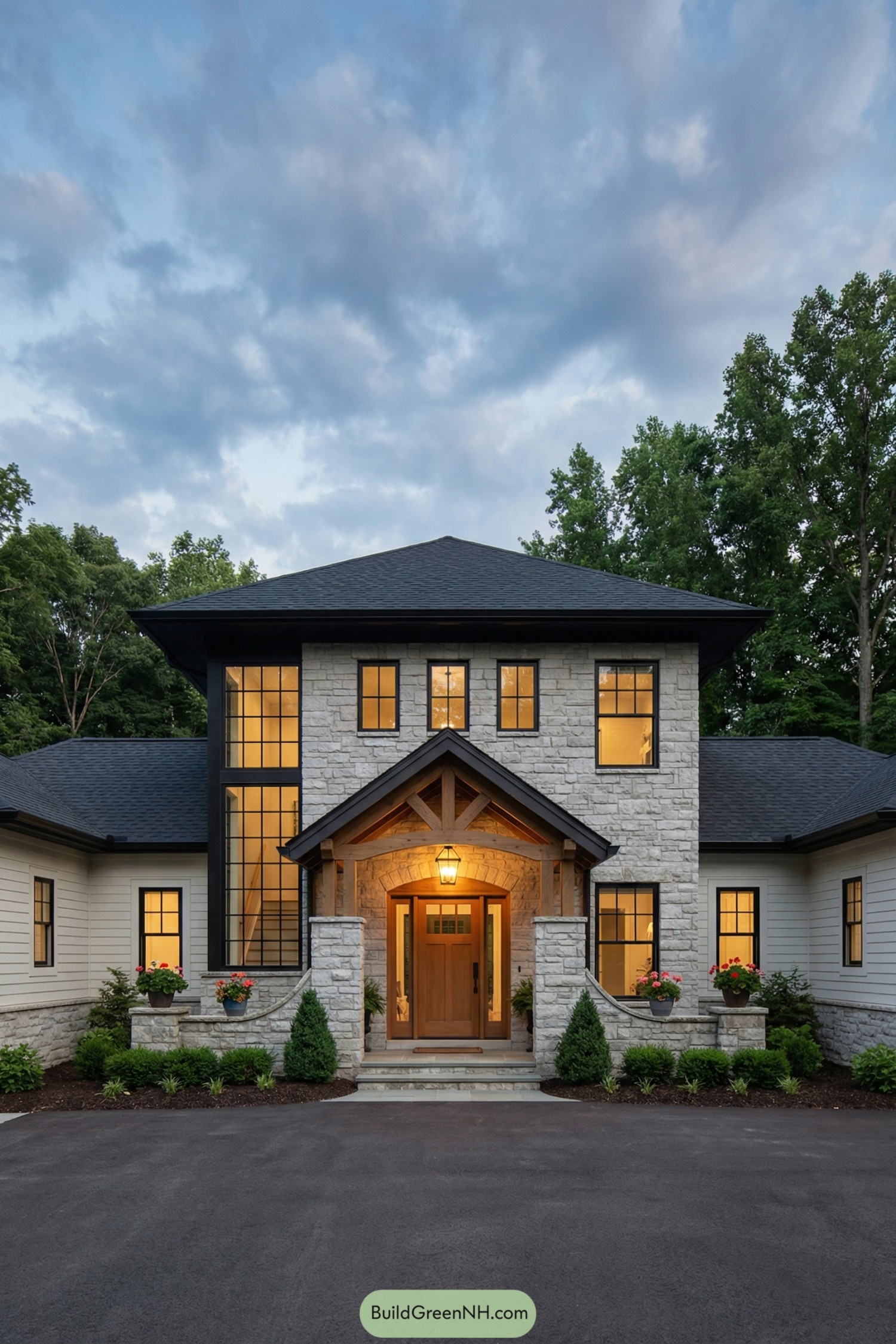 Two-story stone-front home with warm lit entry at dusk